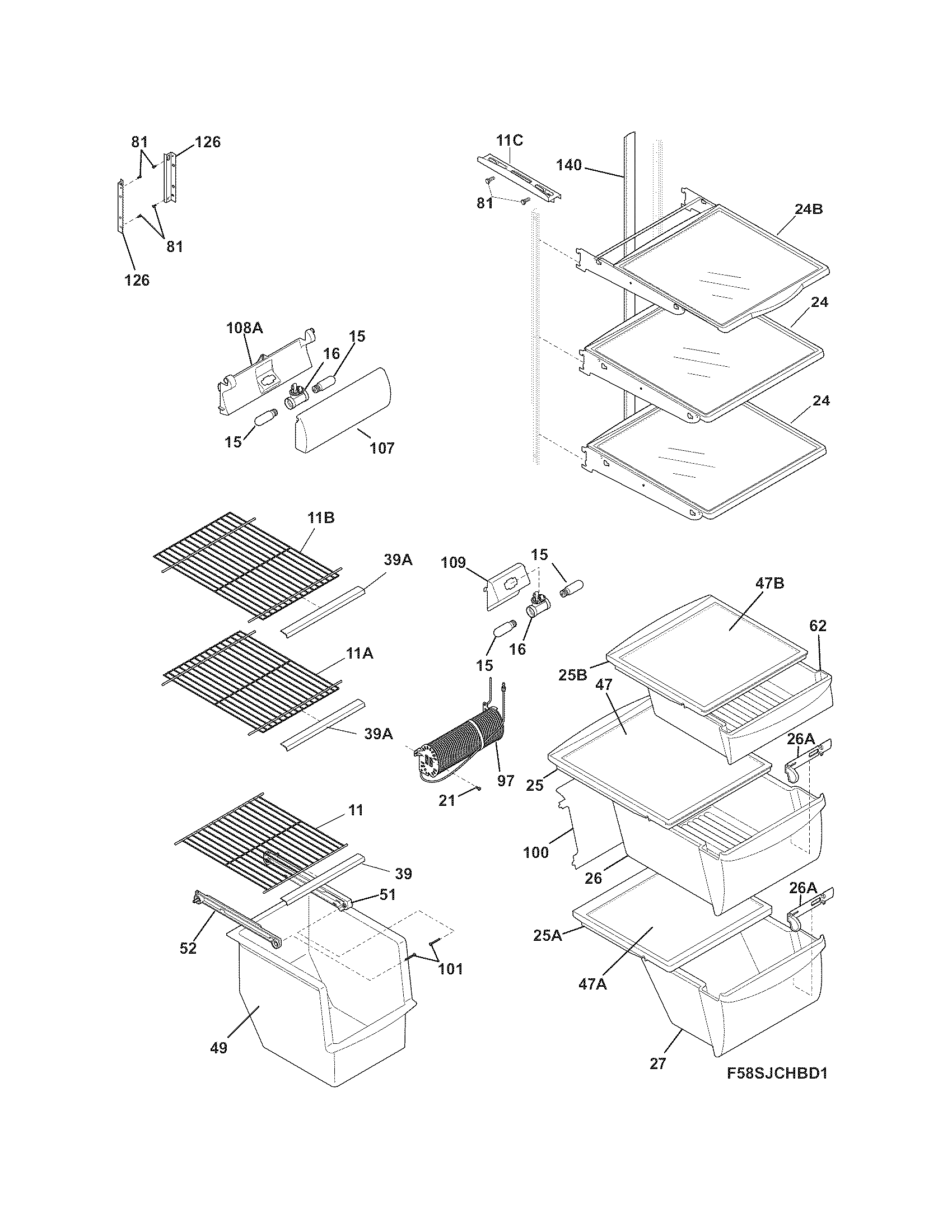 Frigidaire DGUS2635LE0 shelves diagram