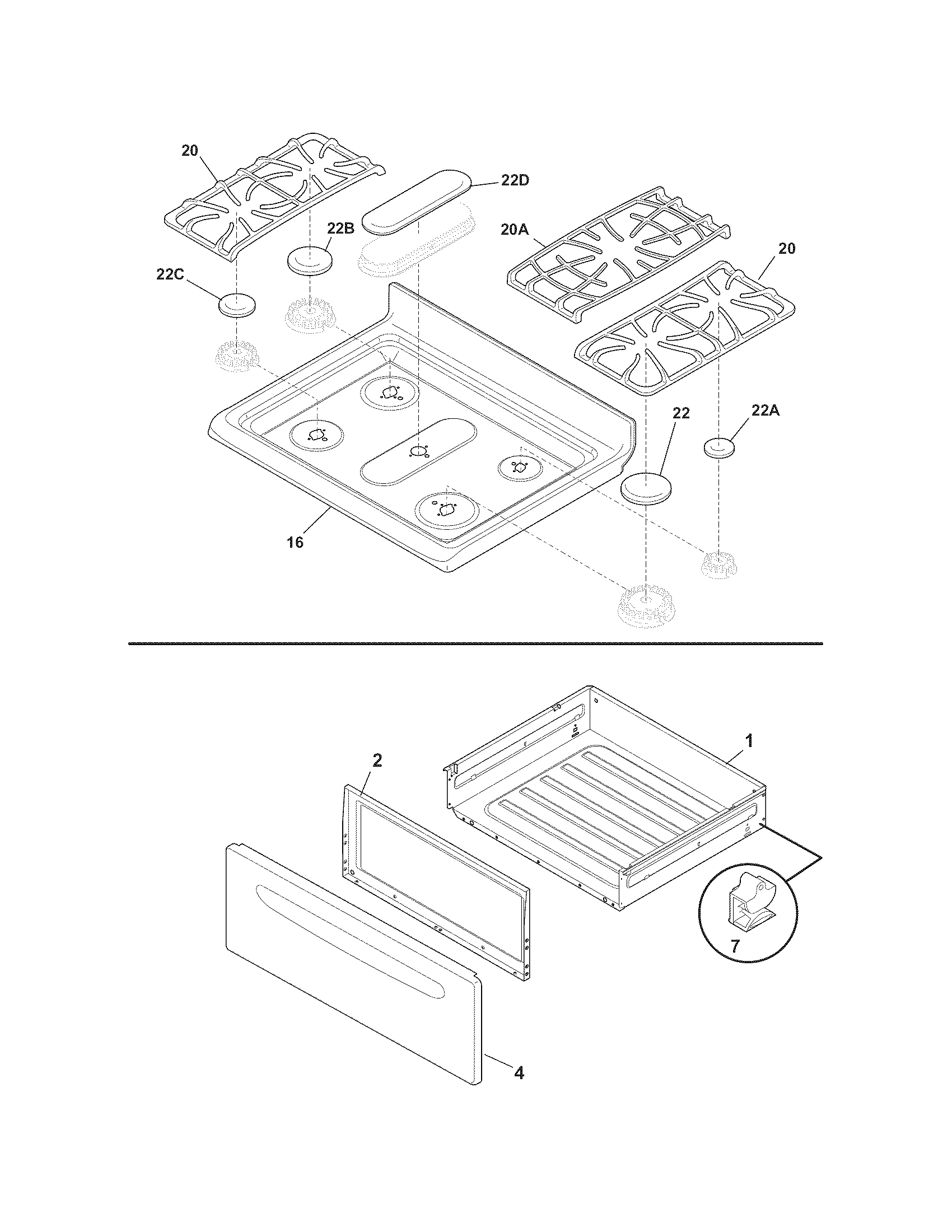 Frigidaire DGGF3032KWH top/drawer diagram