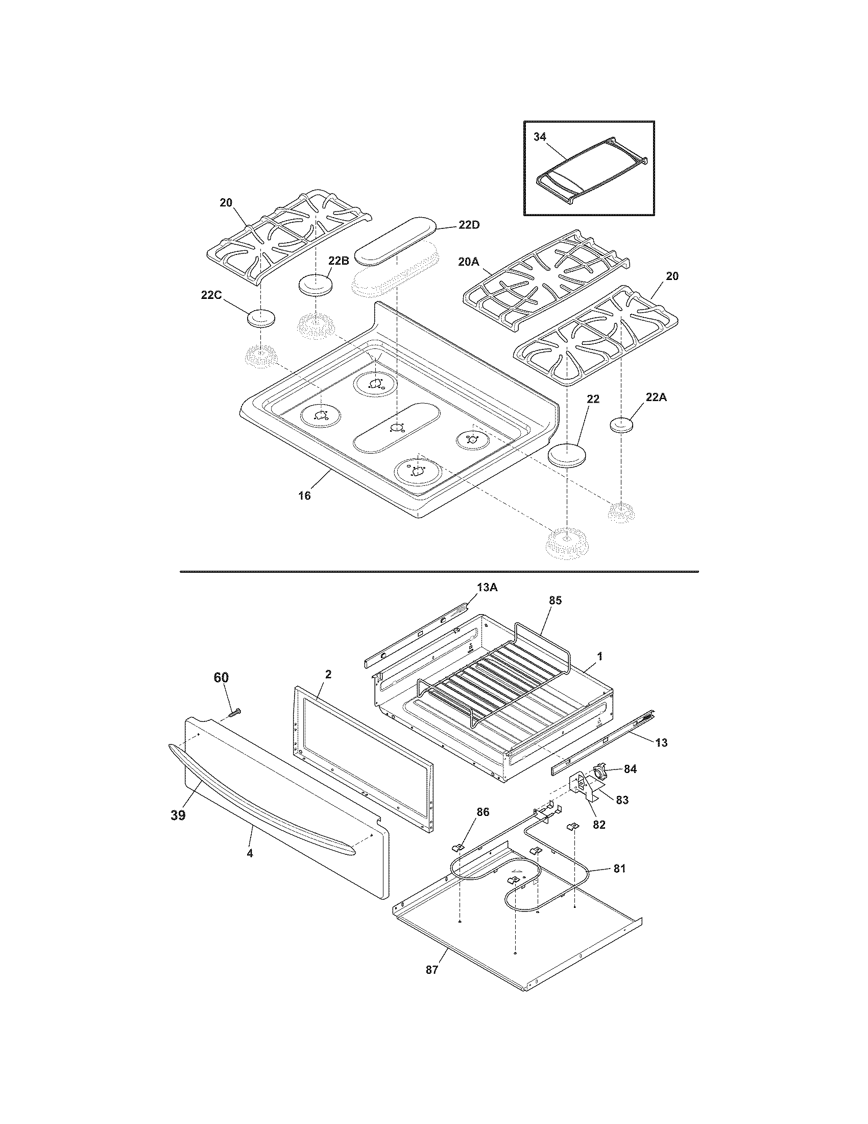 Frigidaire DGGF3054KFJ top/drawer diagram