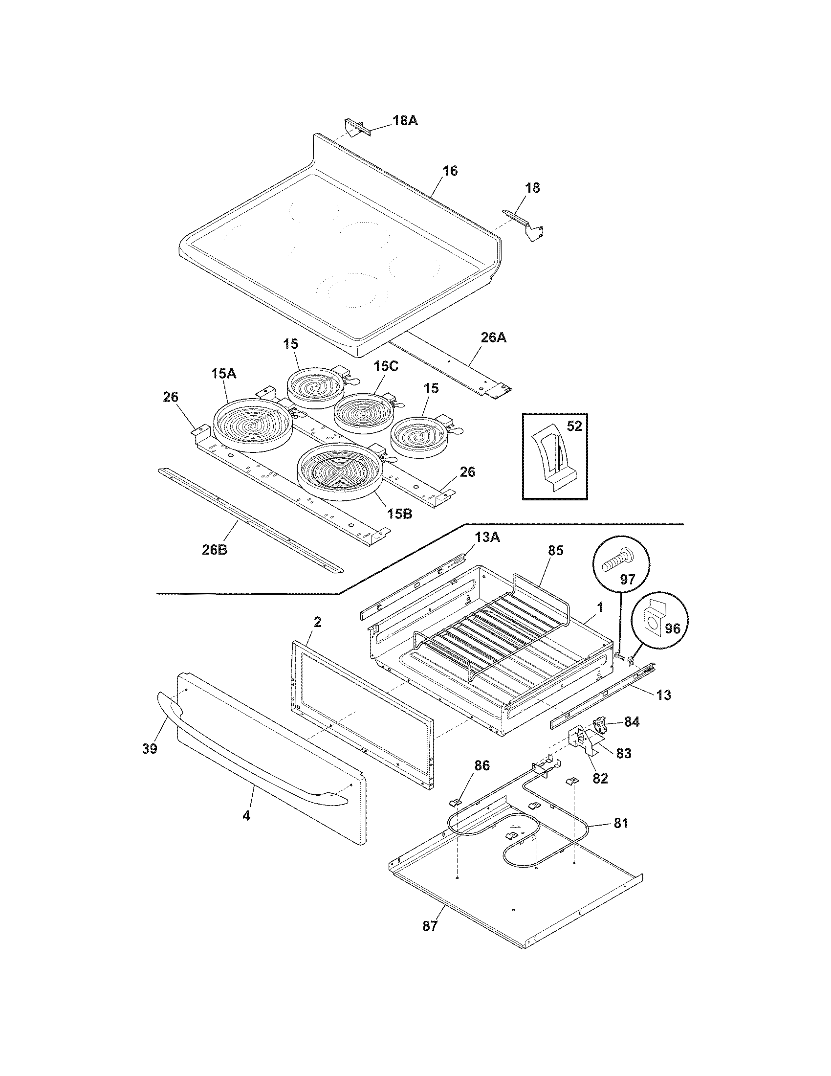 Frigidaire XFEF3005LQB top/drawer diagram