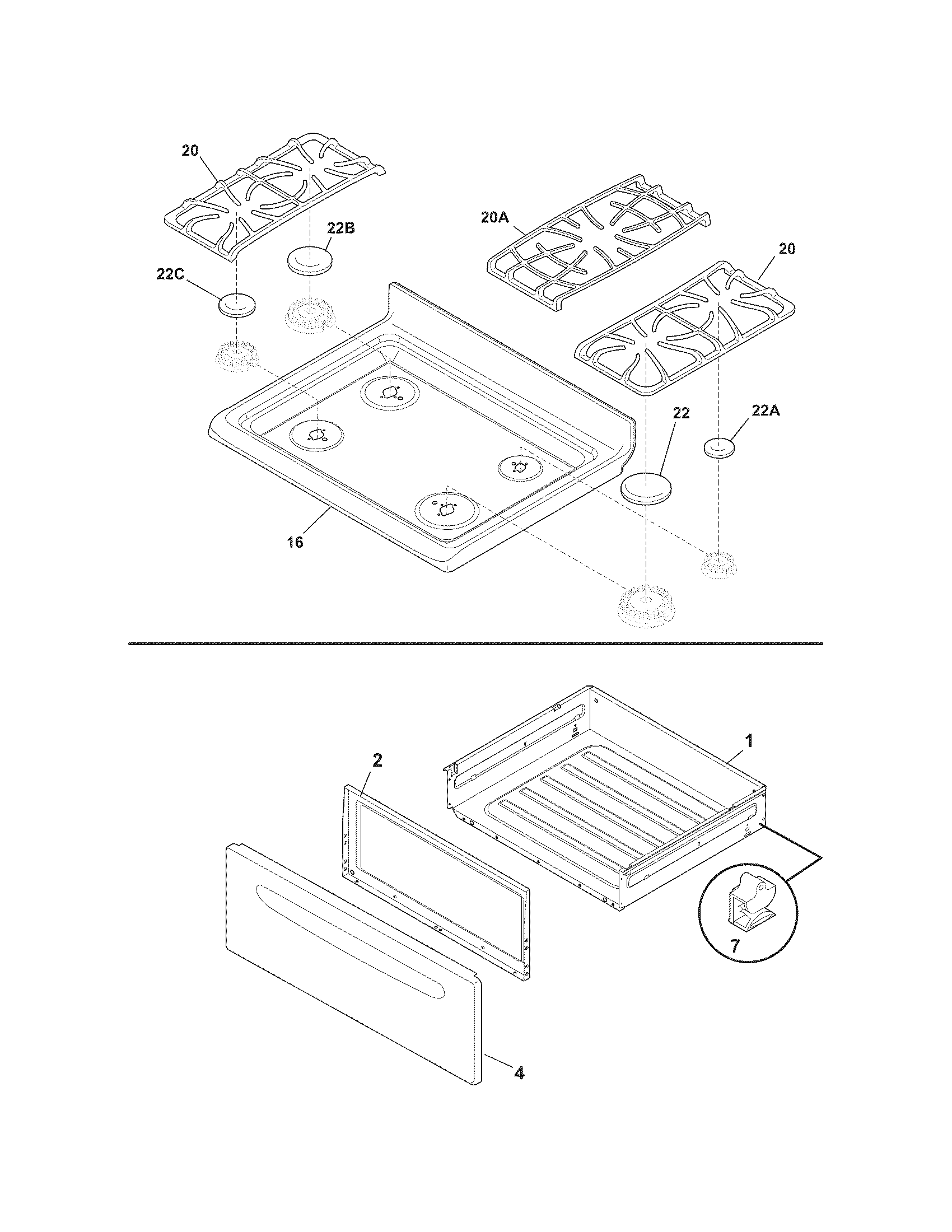 Frigidaire FFGF3027LBA top/drawer diagram