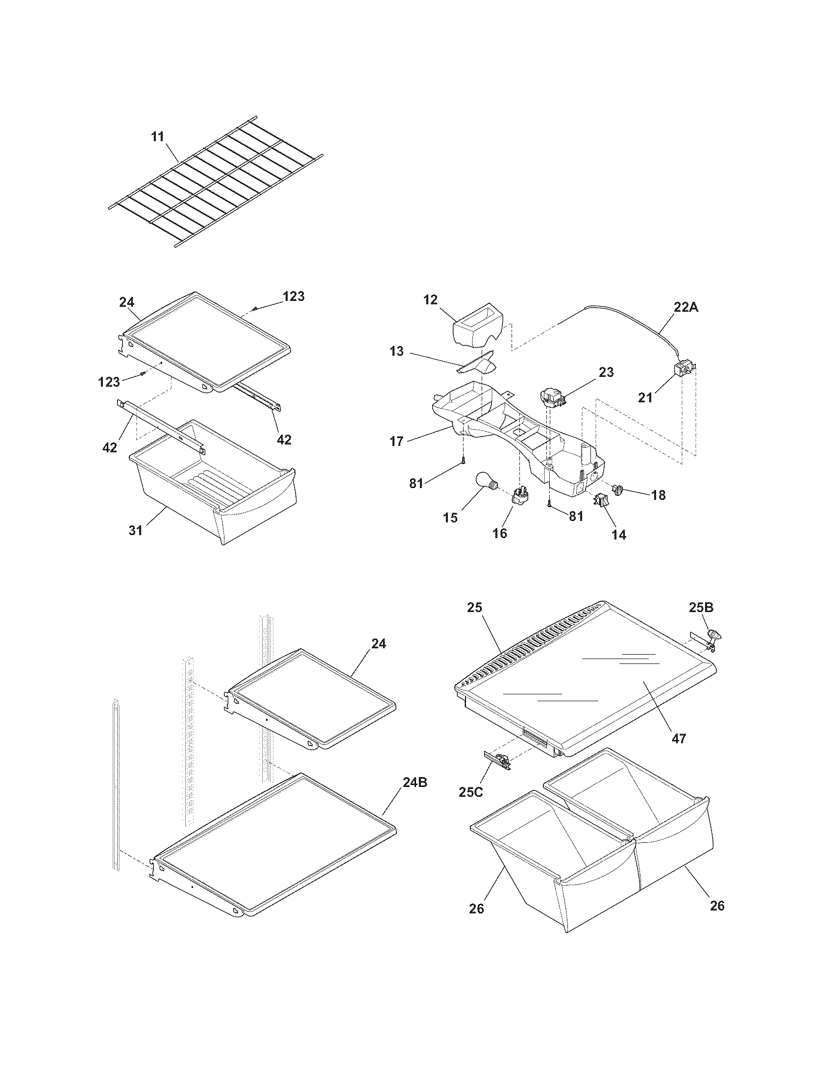 Frigidaire FGHT2134KW3 shelves diagram