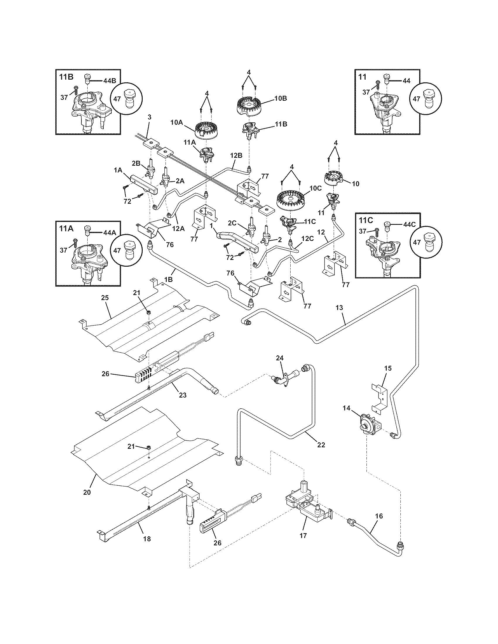 Frigidaire FGGS3075KWC burner diagram