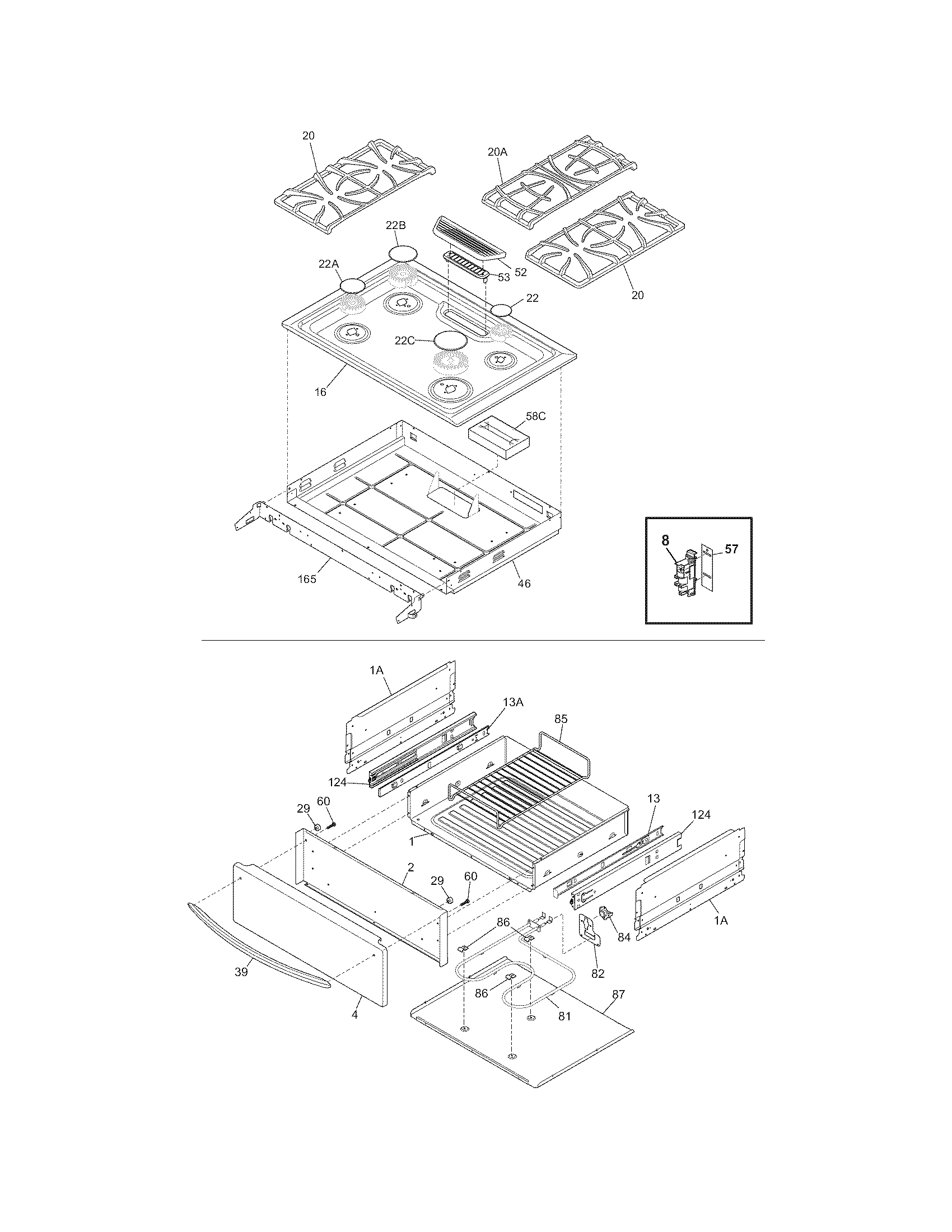 Frigidaire FGGS3075KWC top/drawer diagram