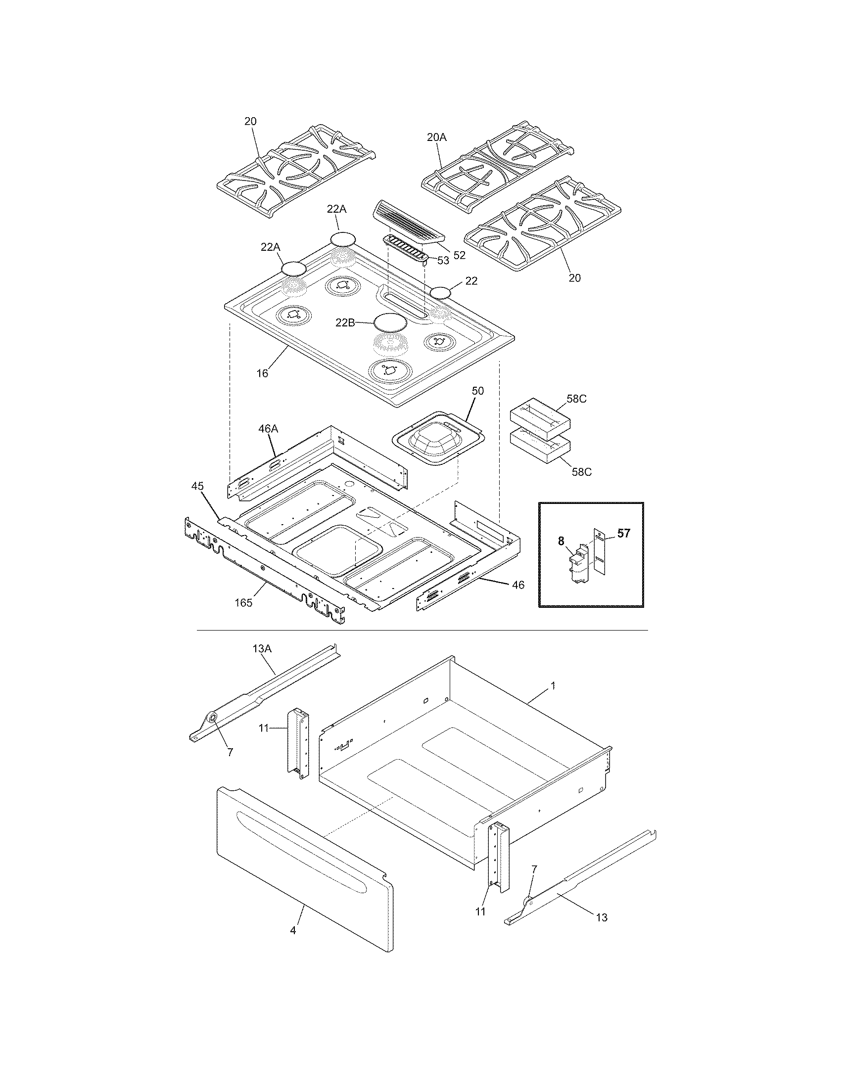 Frigidaire FFGS3025LBC top/drawer diagram