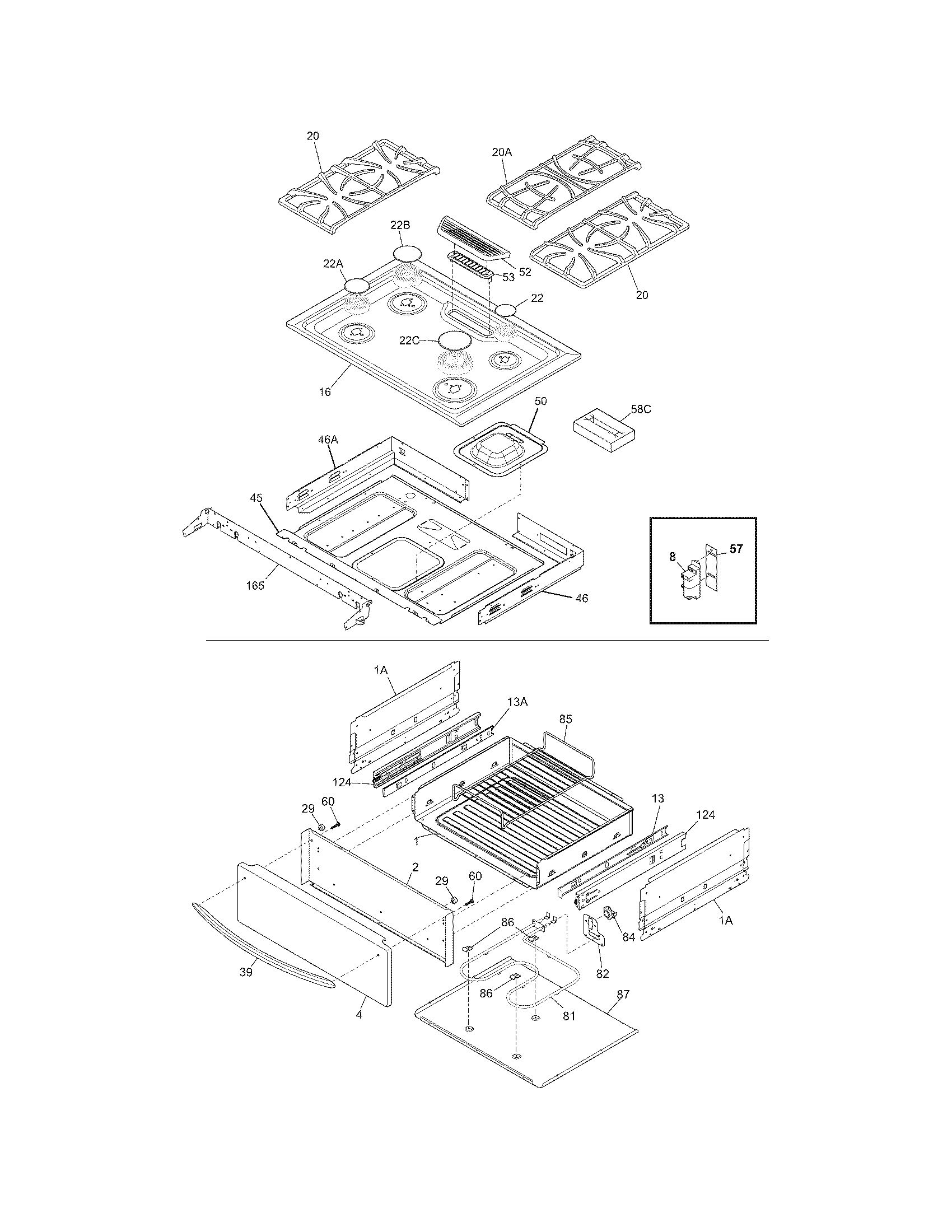 Frigidaire FGGS3065KBF top/drawer diagram
