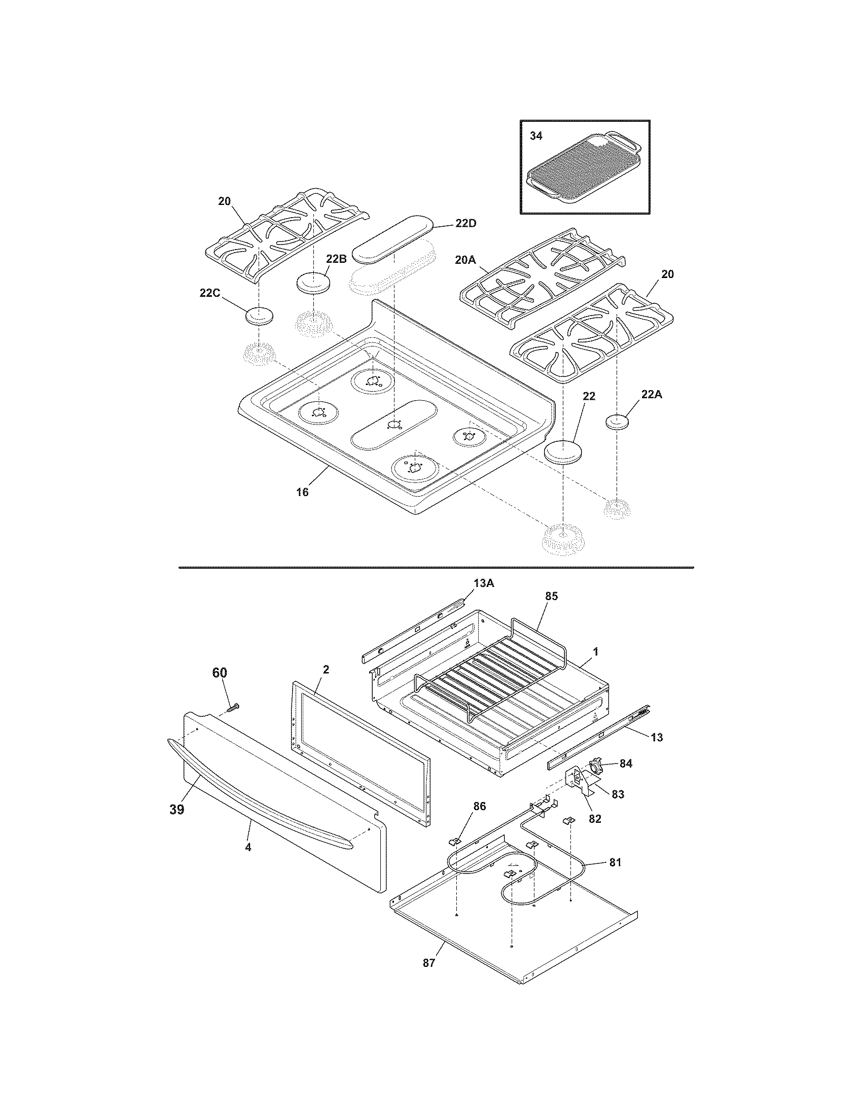 Frigidaire FGGF3056KFK top/drawer diagram