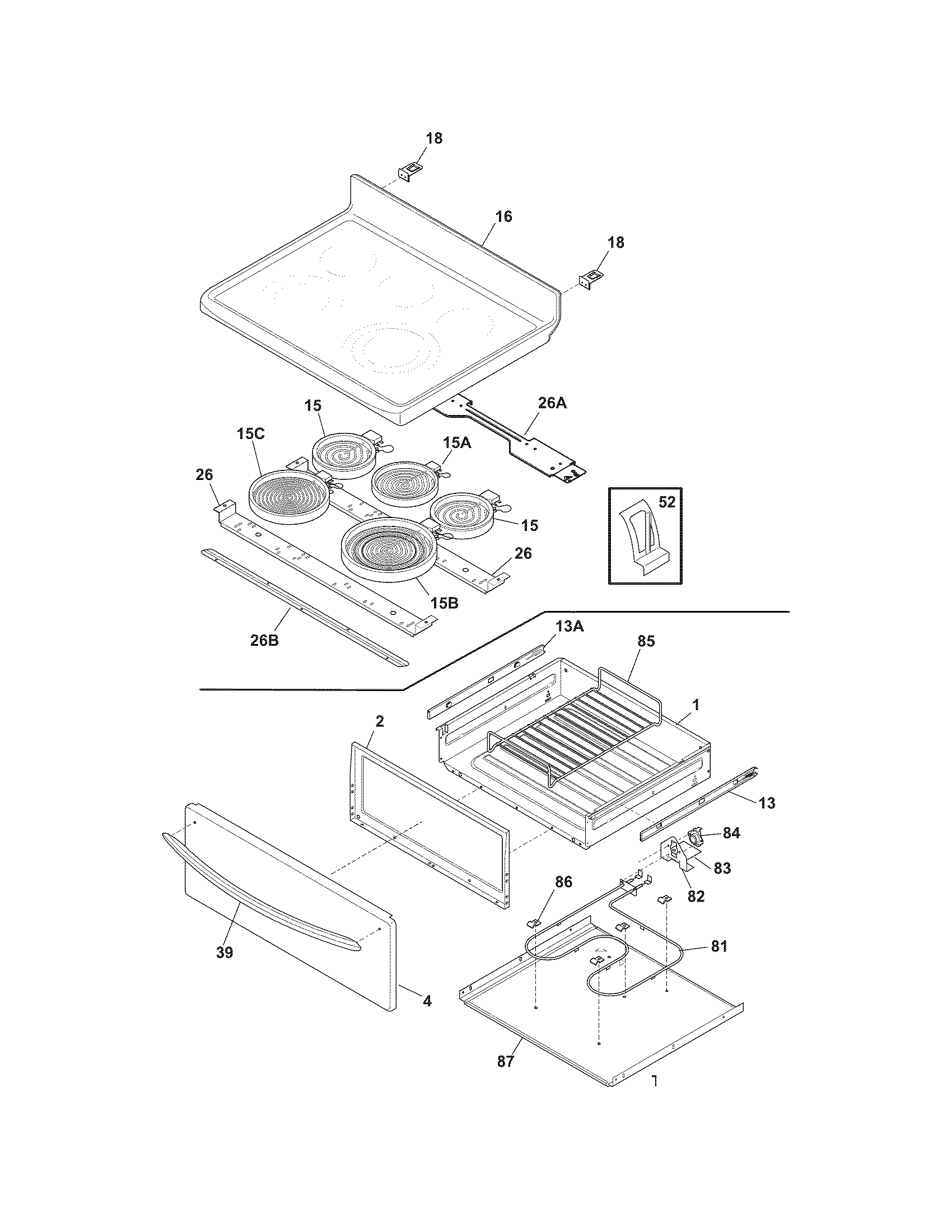 Frigidaire FGEF3077KBC top/drawer diagram
