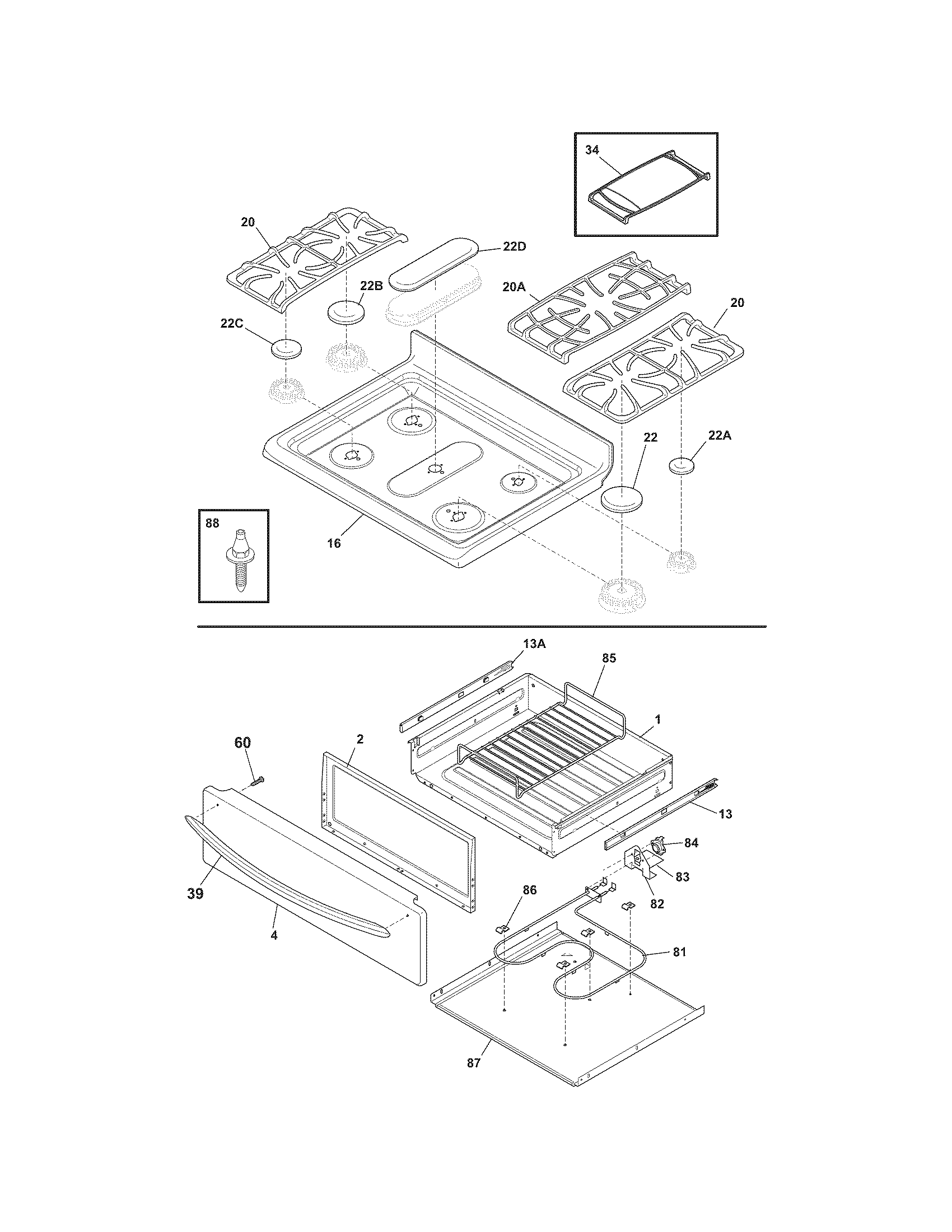 Frigidaire CGGF3056KFA top/drawer diagram