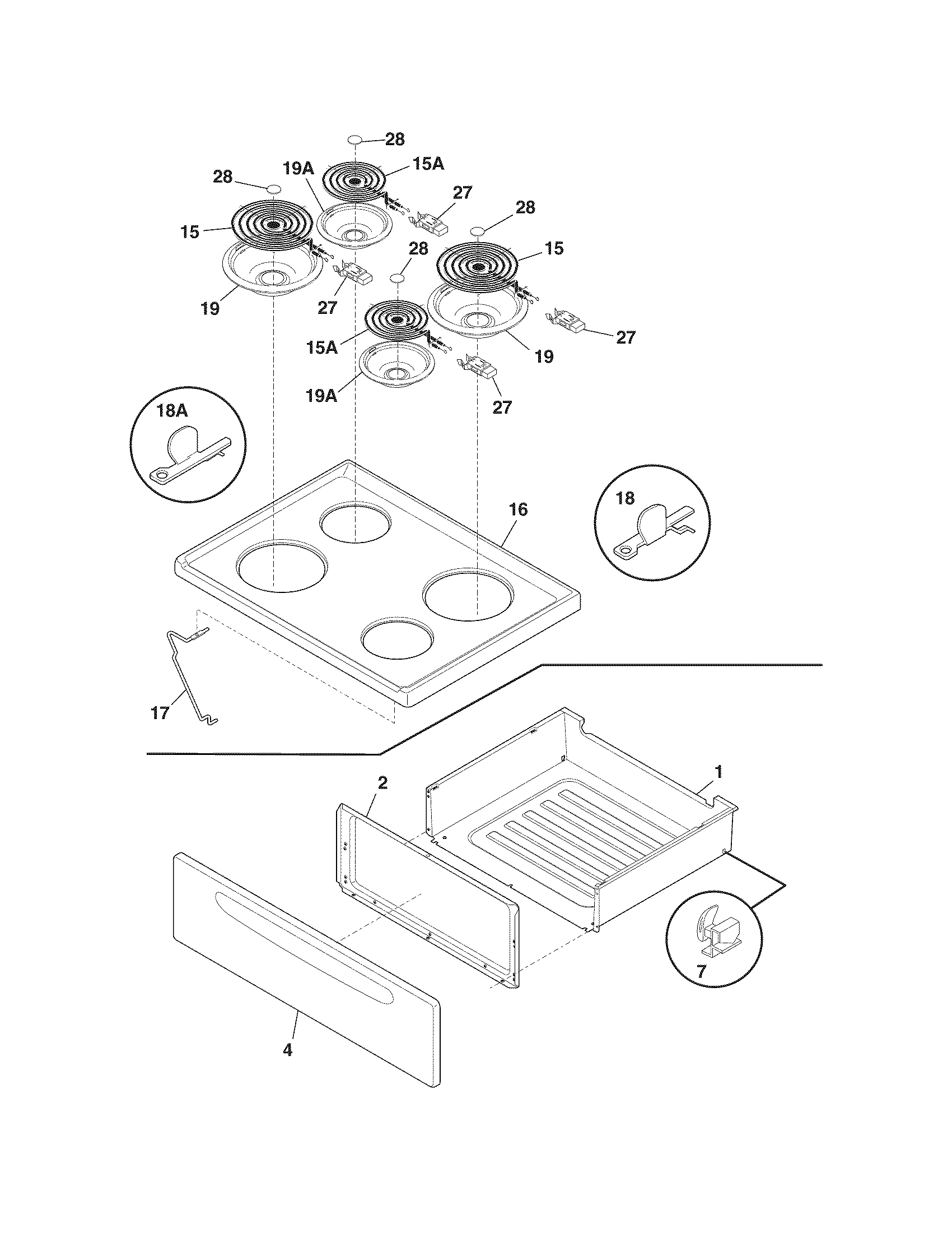Crosley CRE3510LWD top/drawer diagram