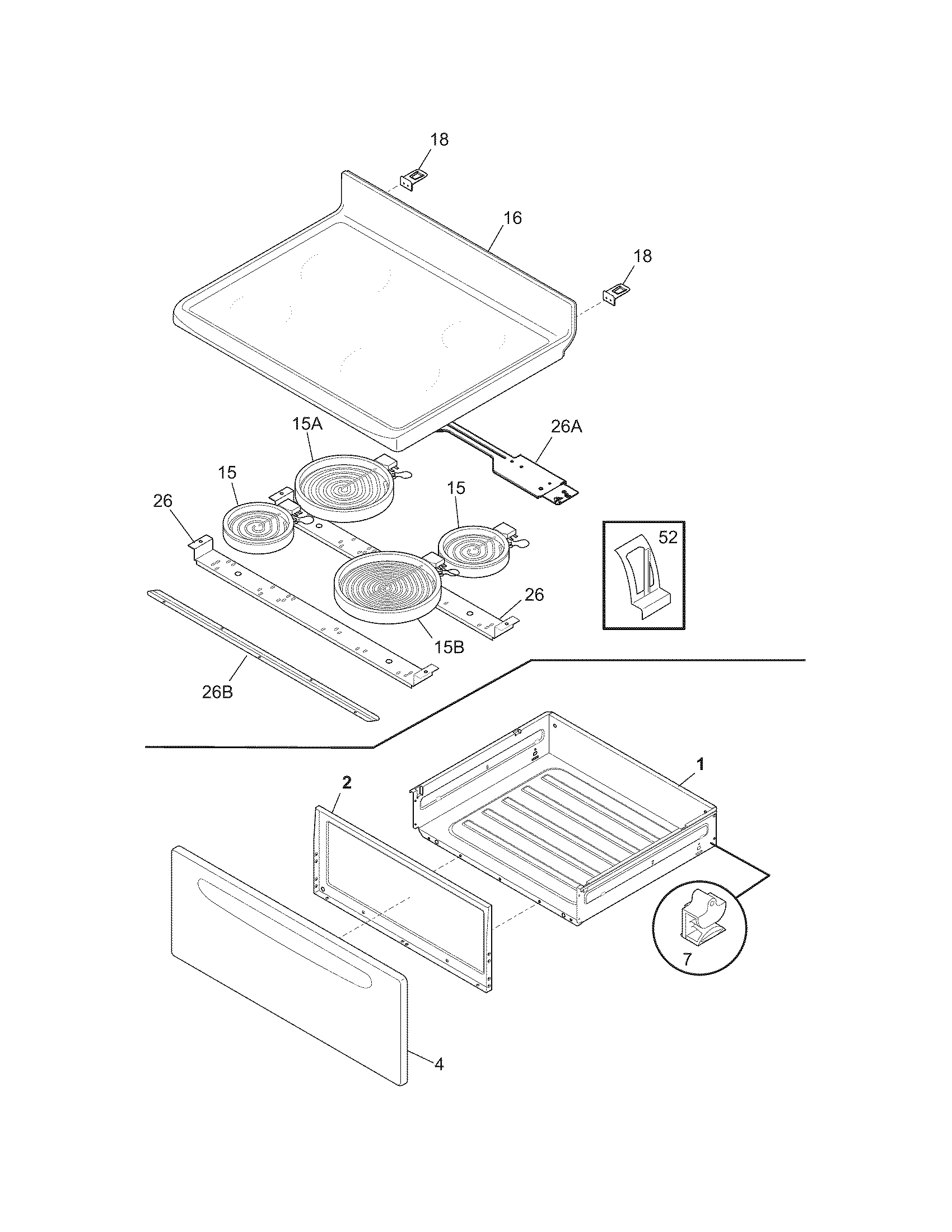 Frigidaire CFEF3012LWC top/drawer diagram