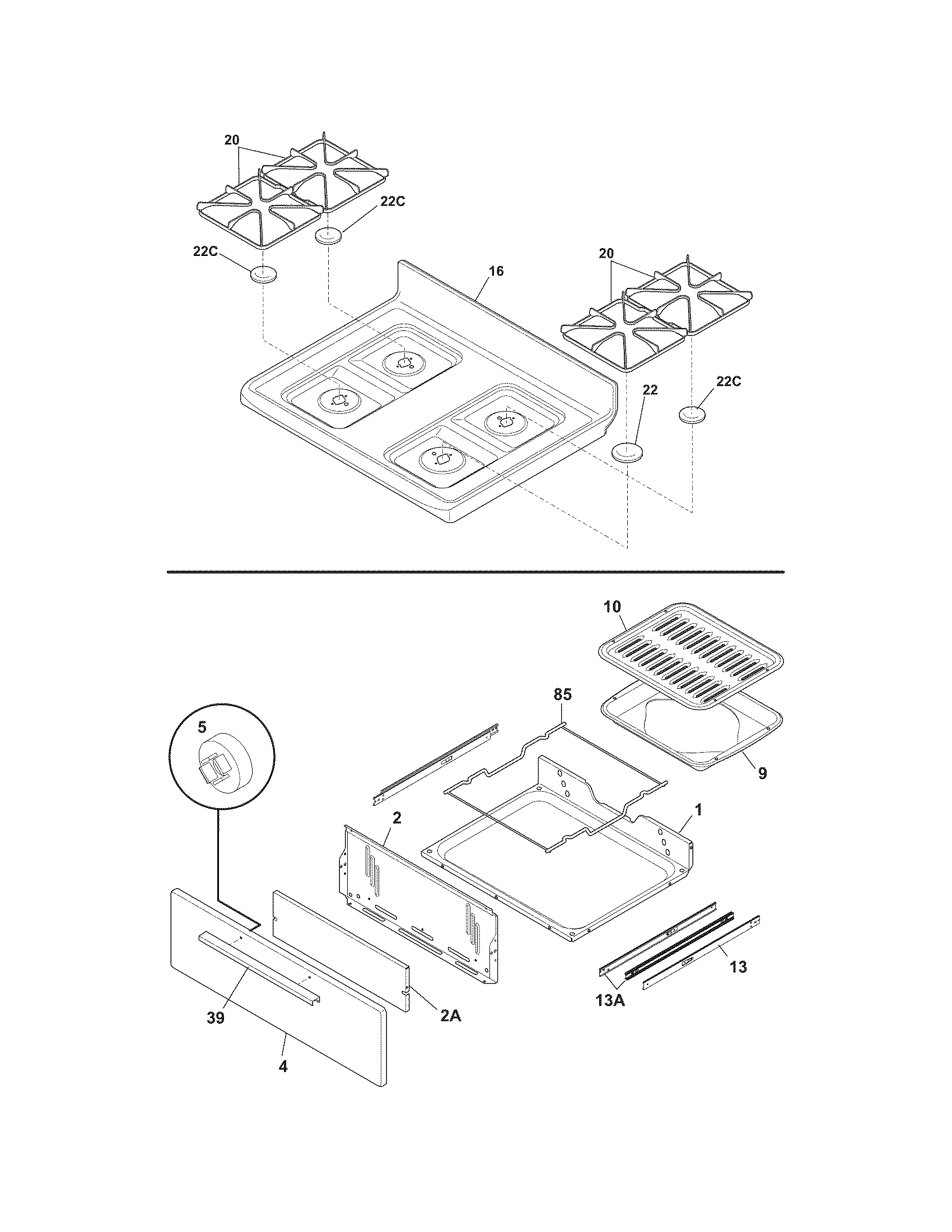 Frigidaire FFGF3015LBD top/drawer diagram