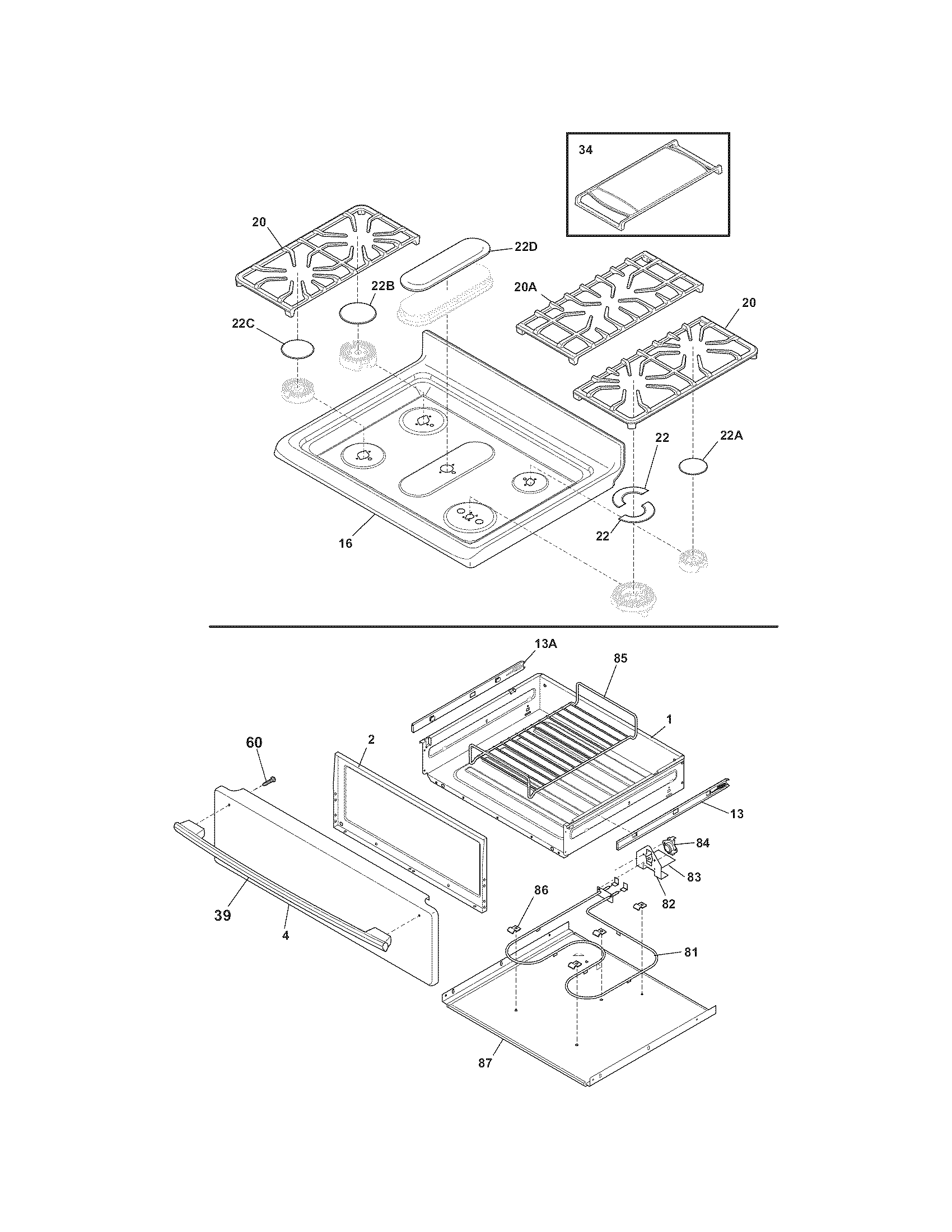 Frigidaire CPGF3081KFK top/drawer diagram