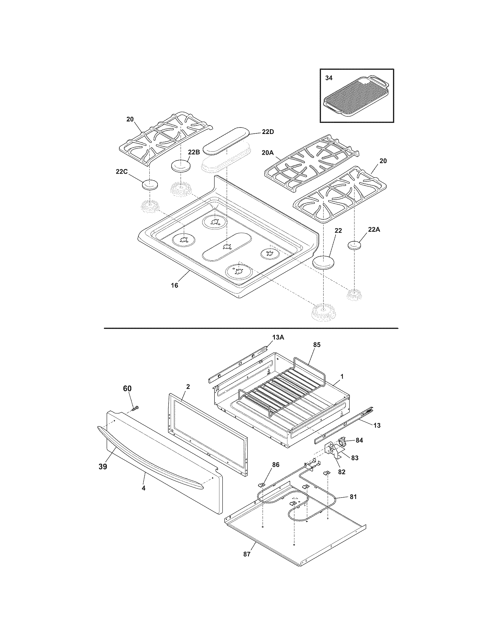 Frigidaire CGGF3076KWK top/drawer diagram