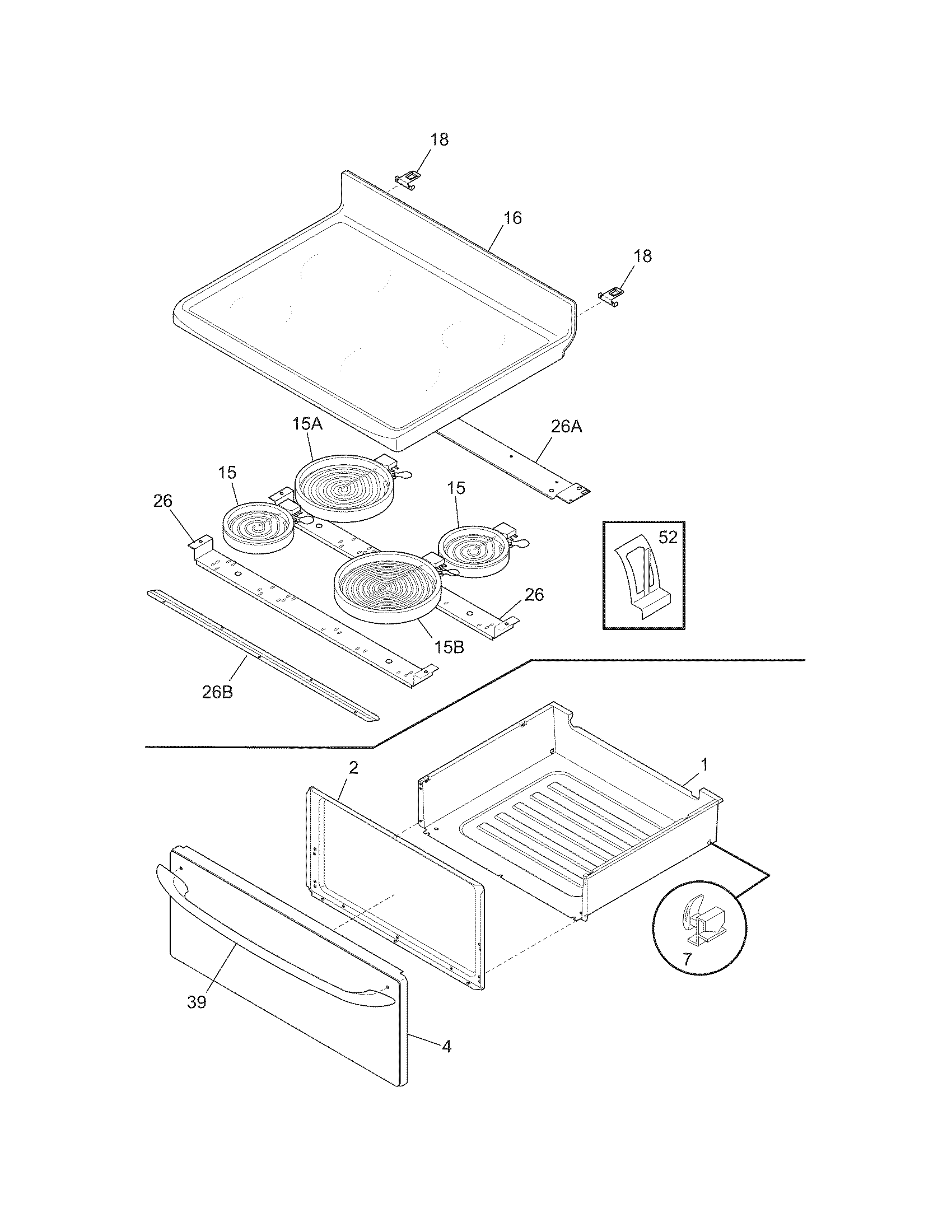 Frigidaire CFEF3007LBD top/drawer diagram
