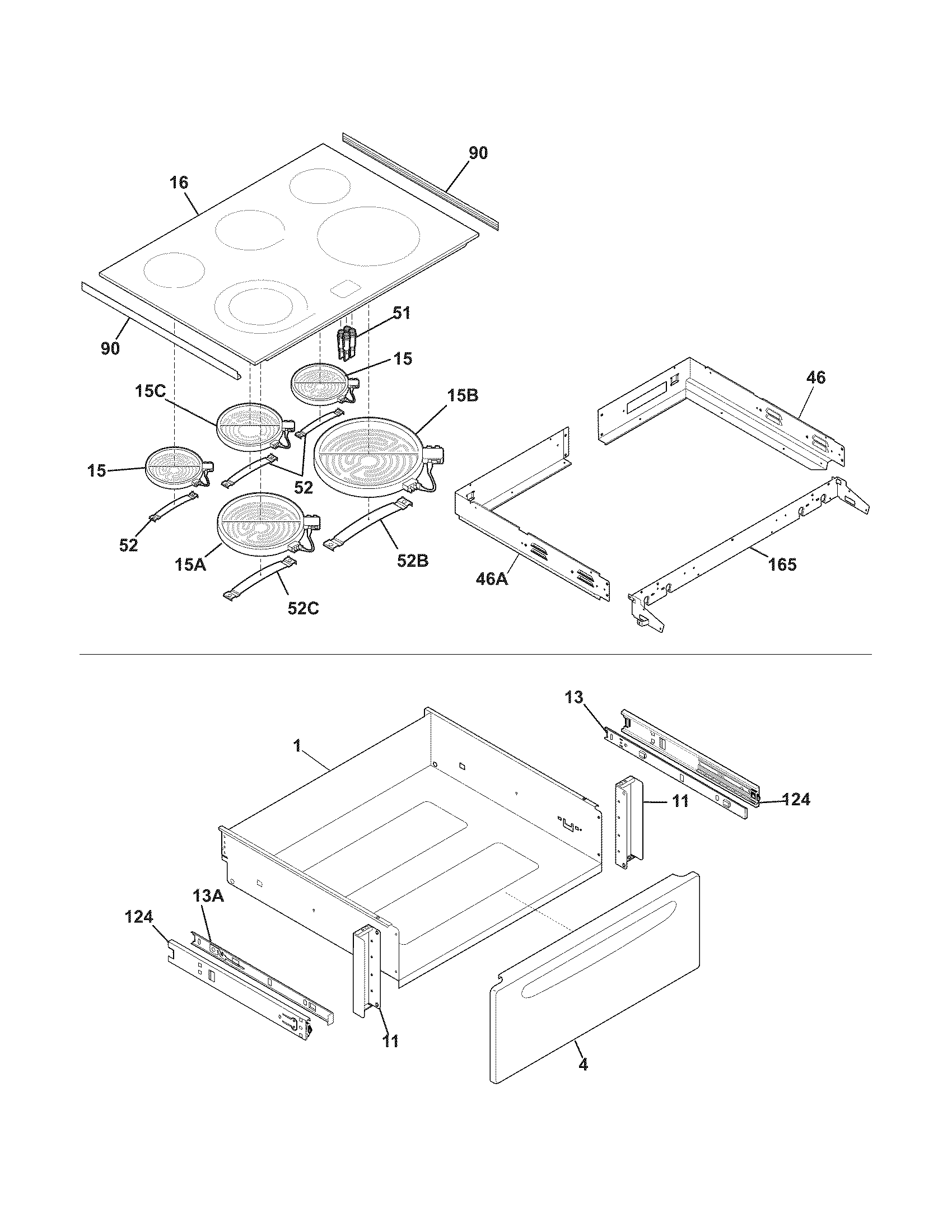 Frigidaire FGES3045KBC top/drawer diagram