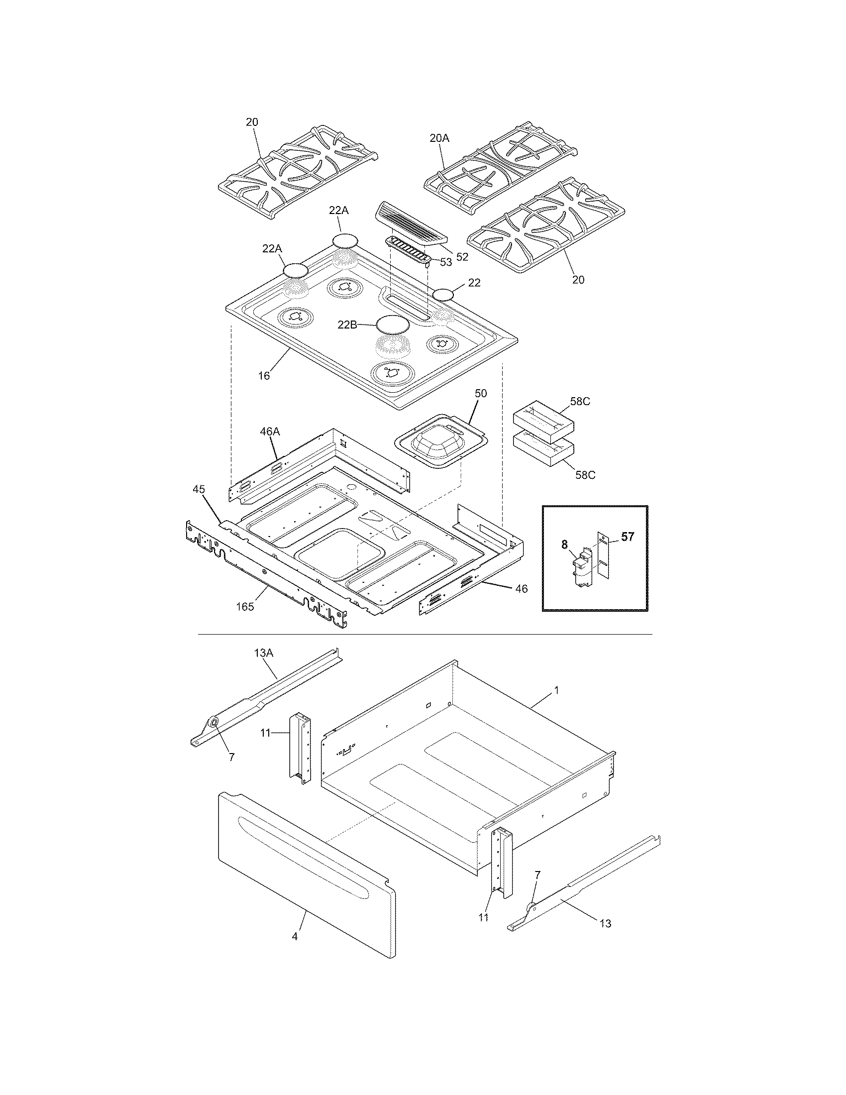 Frigidaire FFGS3025LWD top/drawer diagram