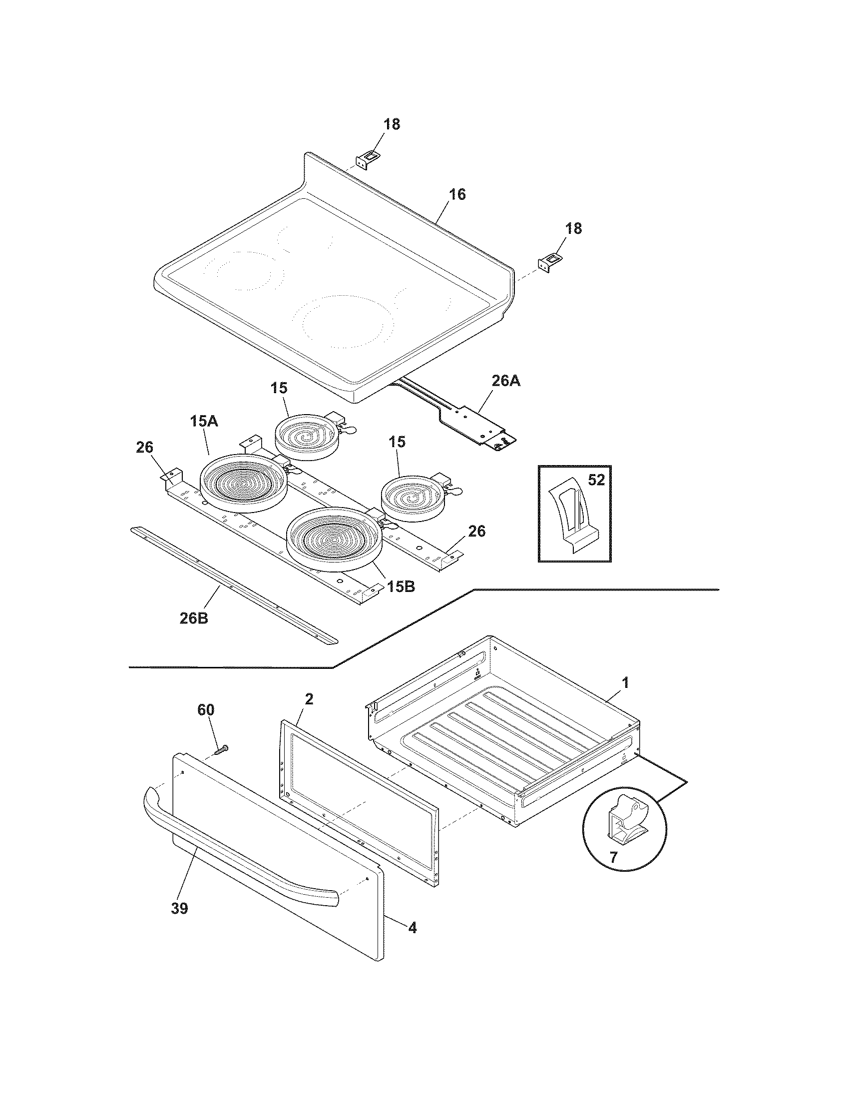 Frigidaire FFEF3019MSA top/drawer diagram