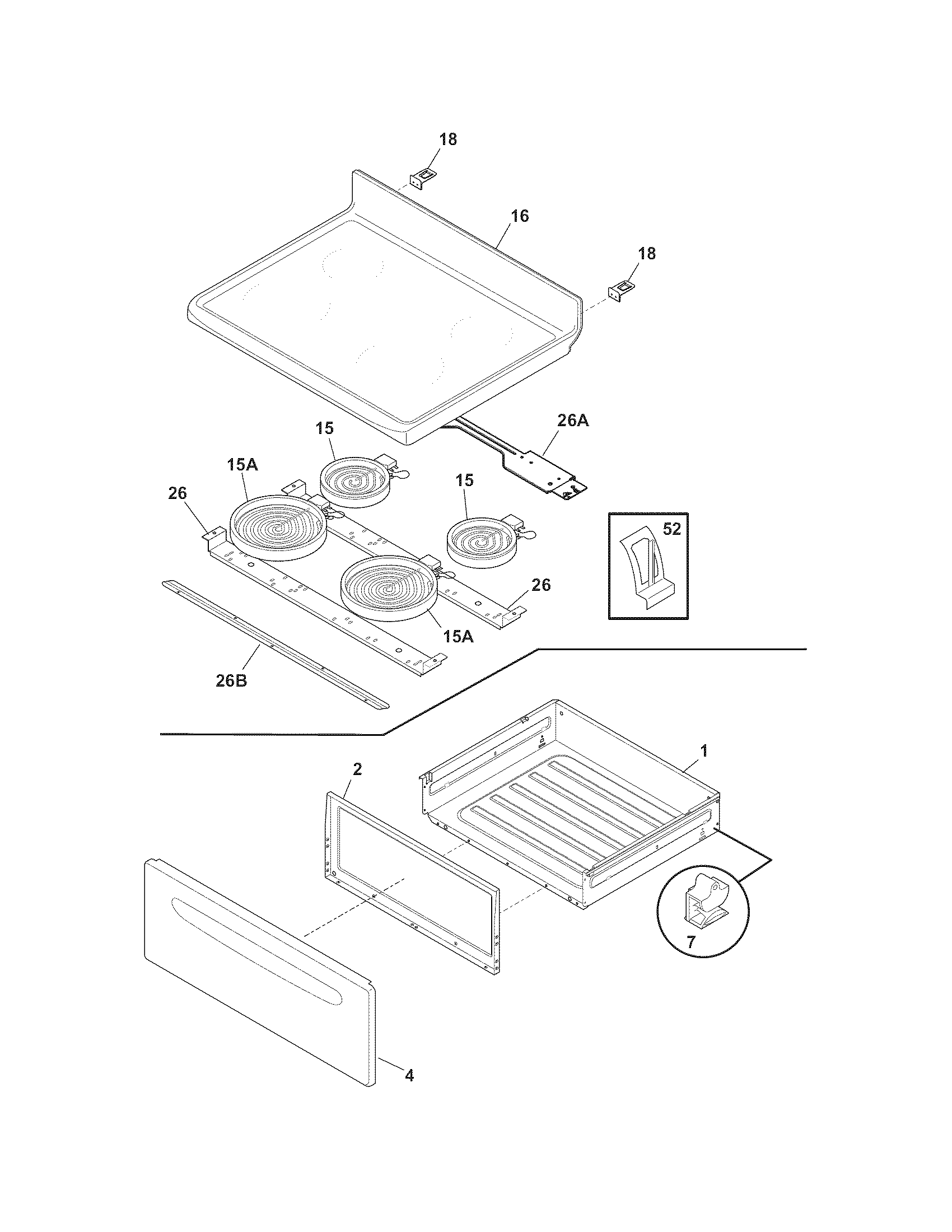 Frigidaire CFEF3014LWC top/drawer diagram