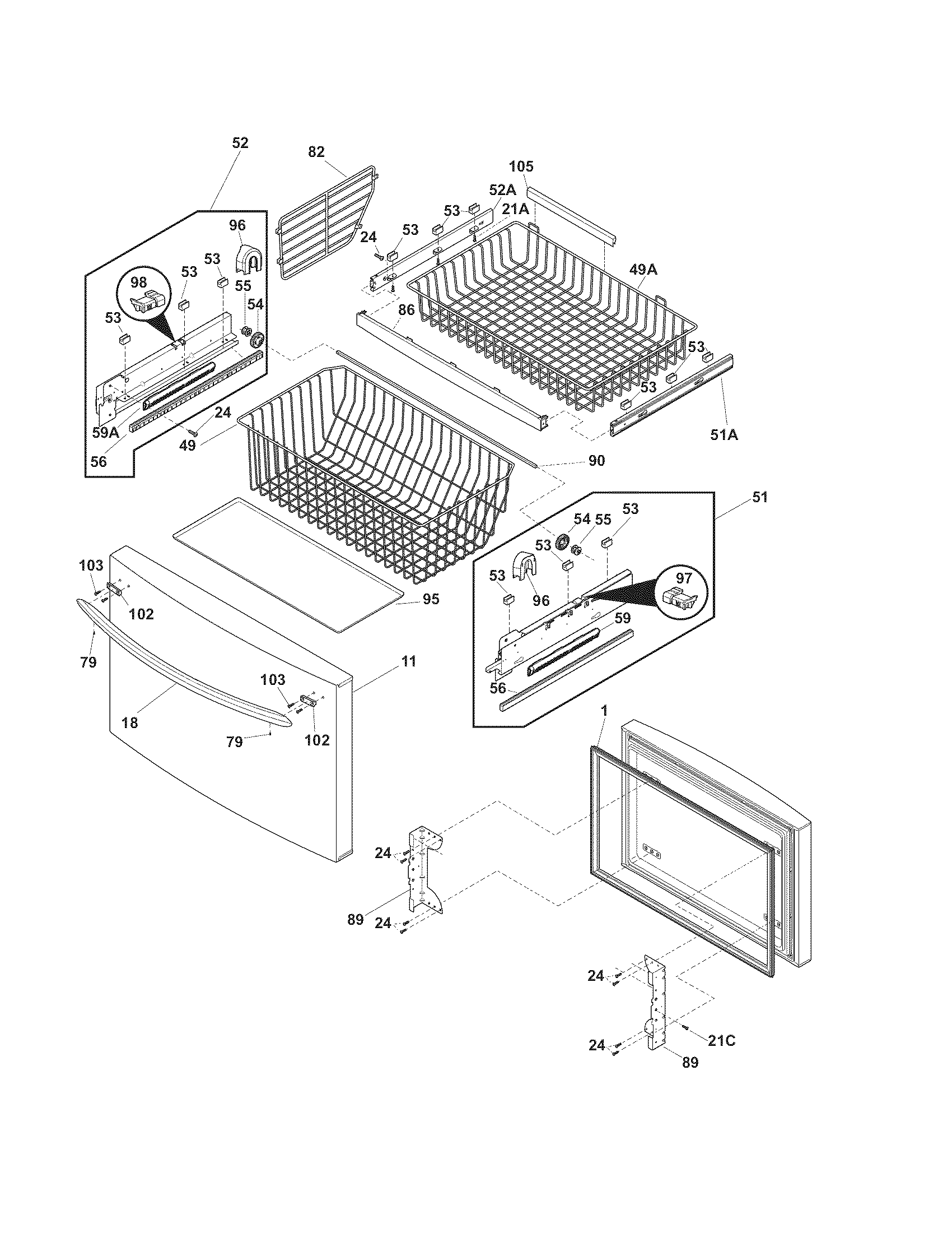 Frigidaire FGHG2344ME1 freezer drawer, baskets diagram