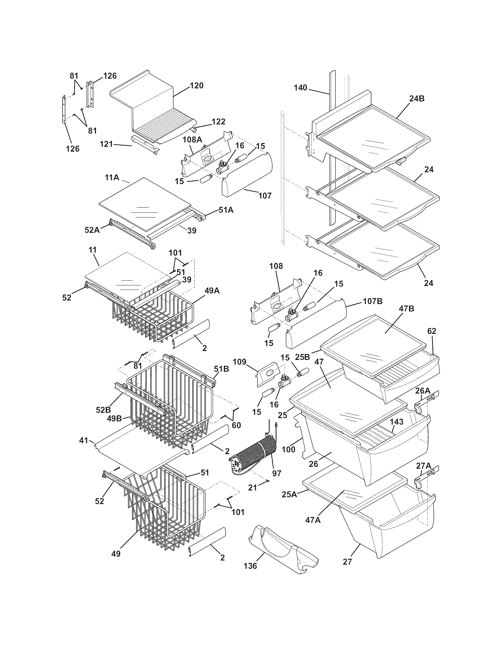 Frigidaire FPHC2399KF4 shelves diagram