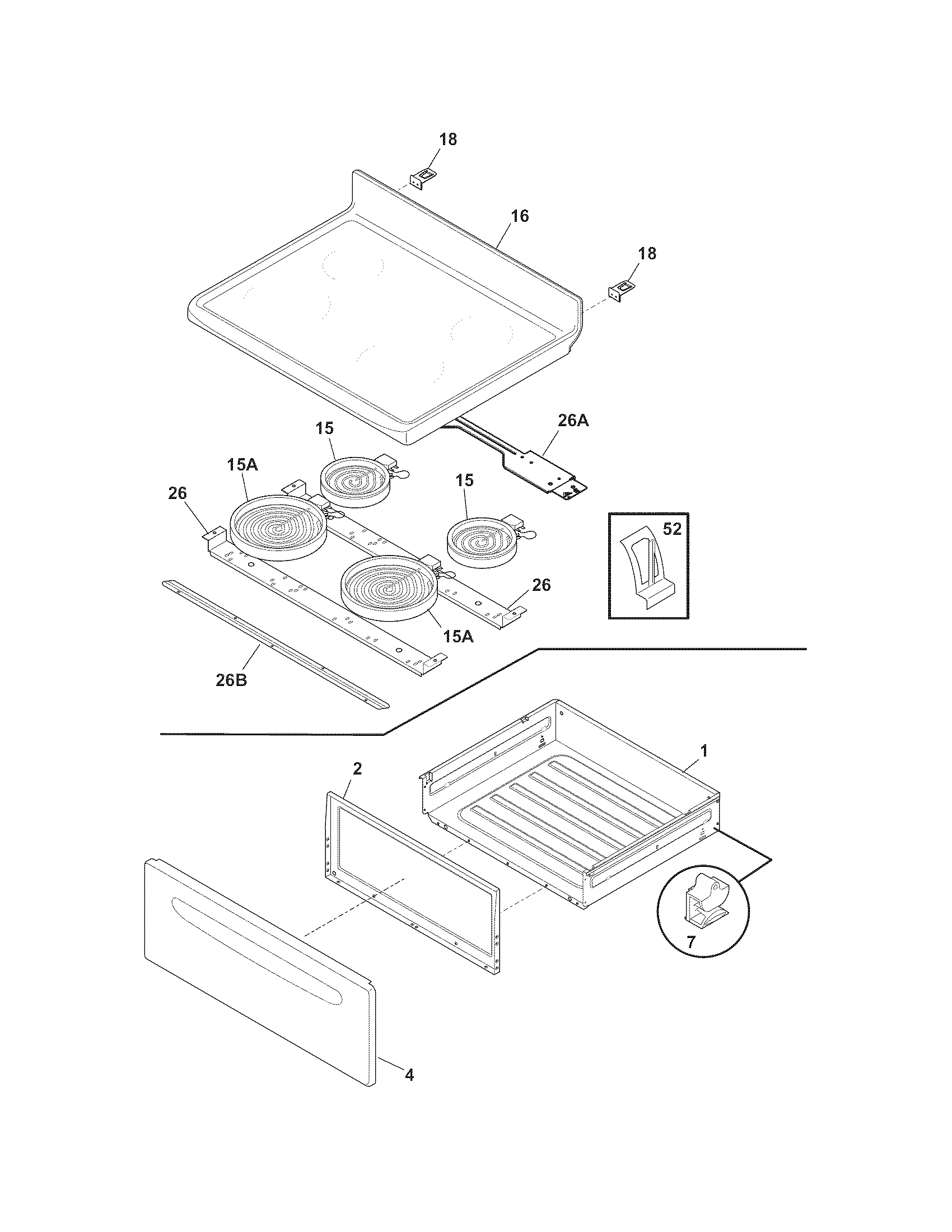 Crosley CRE3870LWC top/drawer diagram