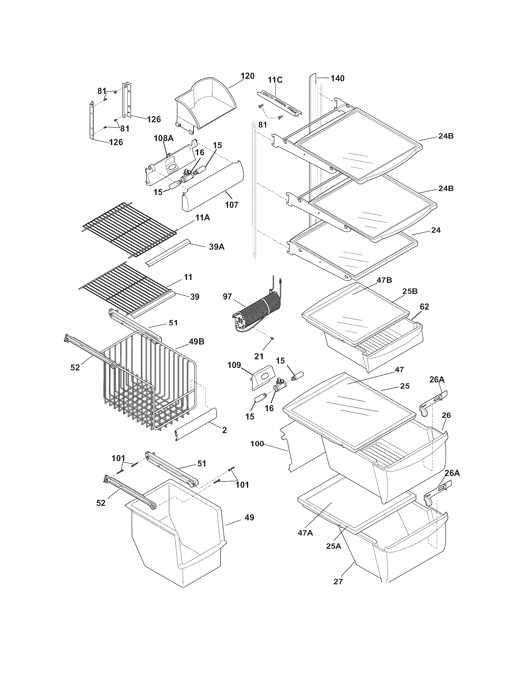 Frigidaire FGUS2676LP1 shelves diagram