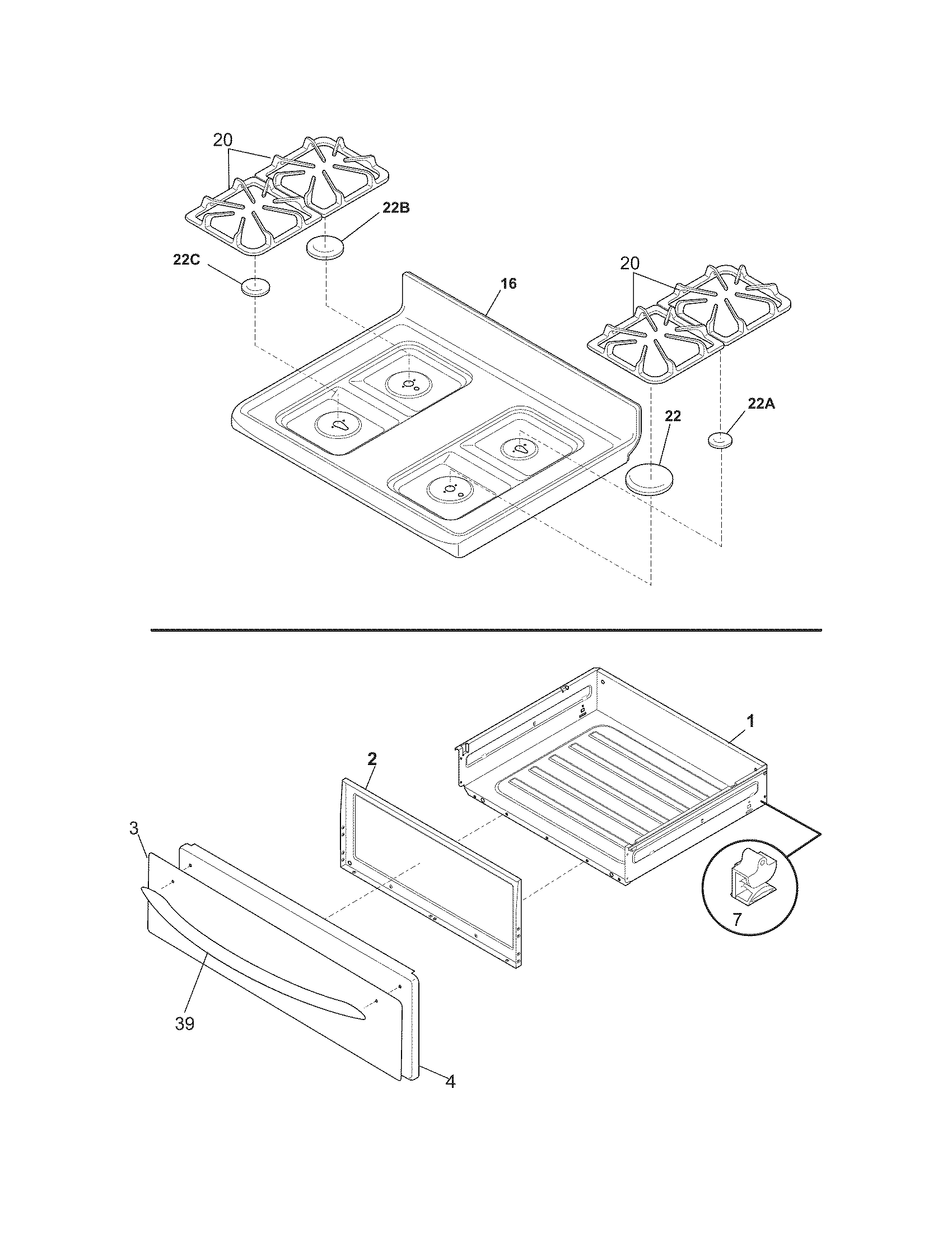 Crosley CRG3480LSF top/drawer diagram