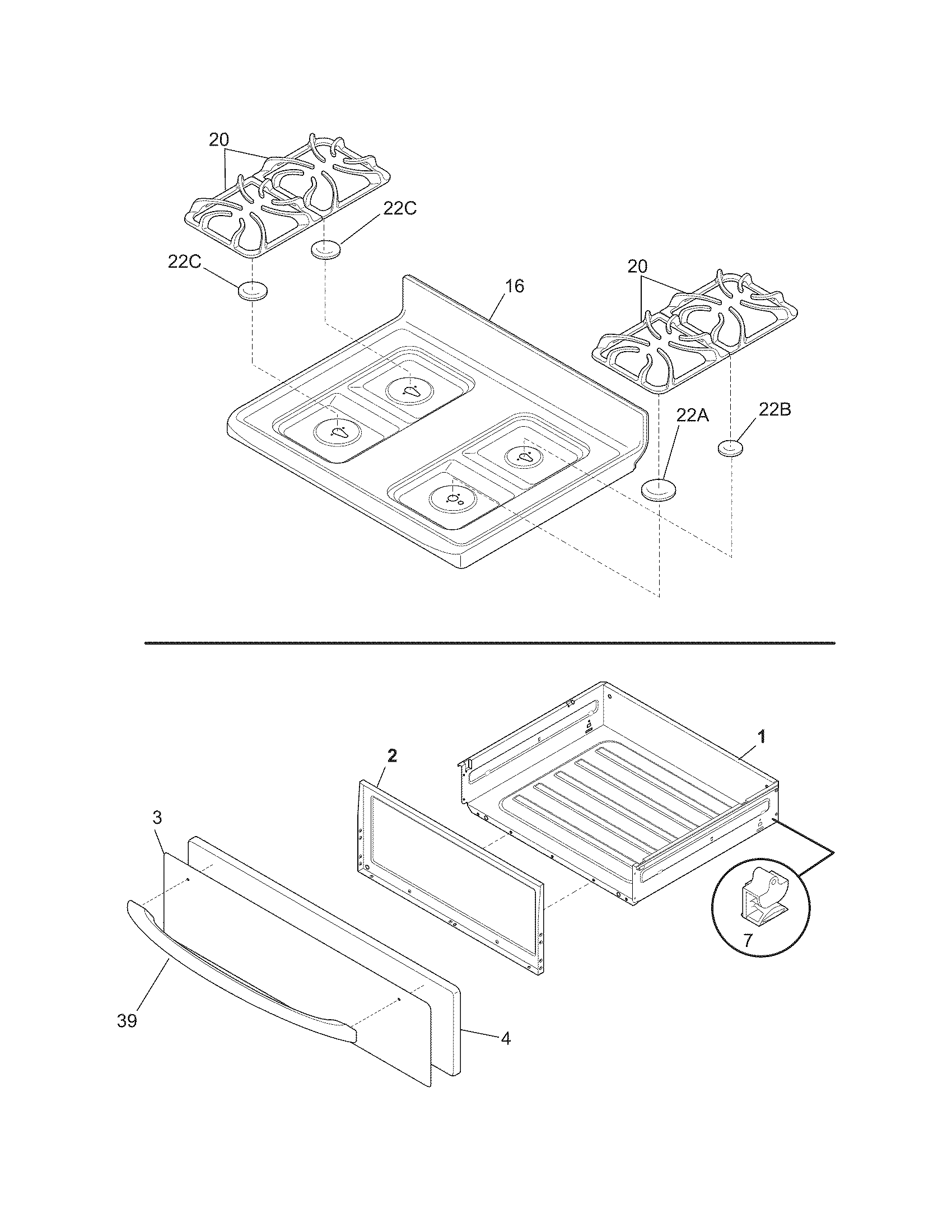 Frigidaire LFGF3022LSD top/drawer diagram