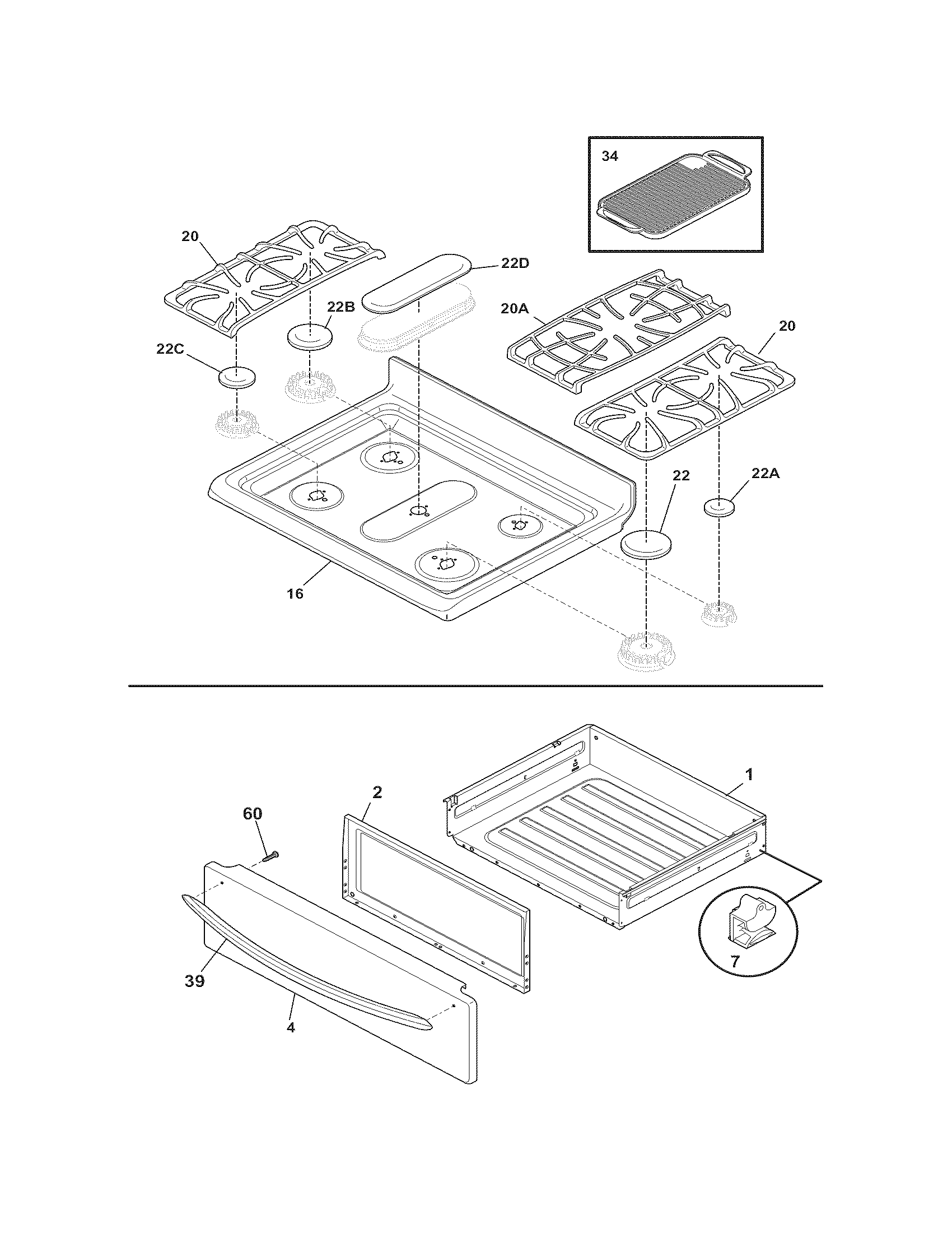 Frigidaire LGGF3043KFK top/drawer diagram