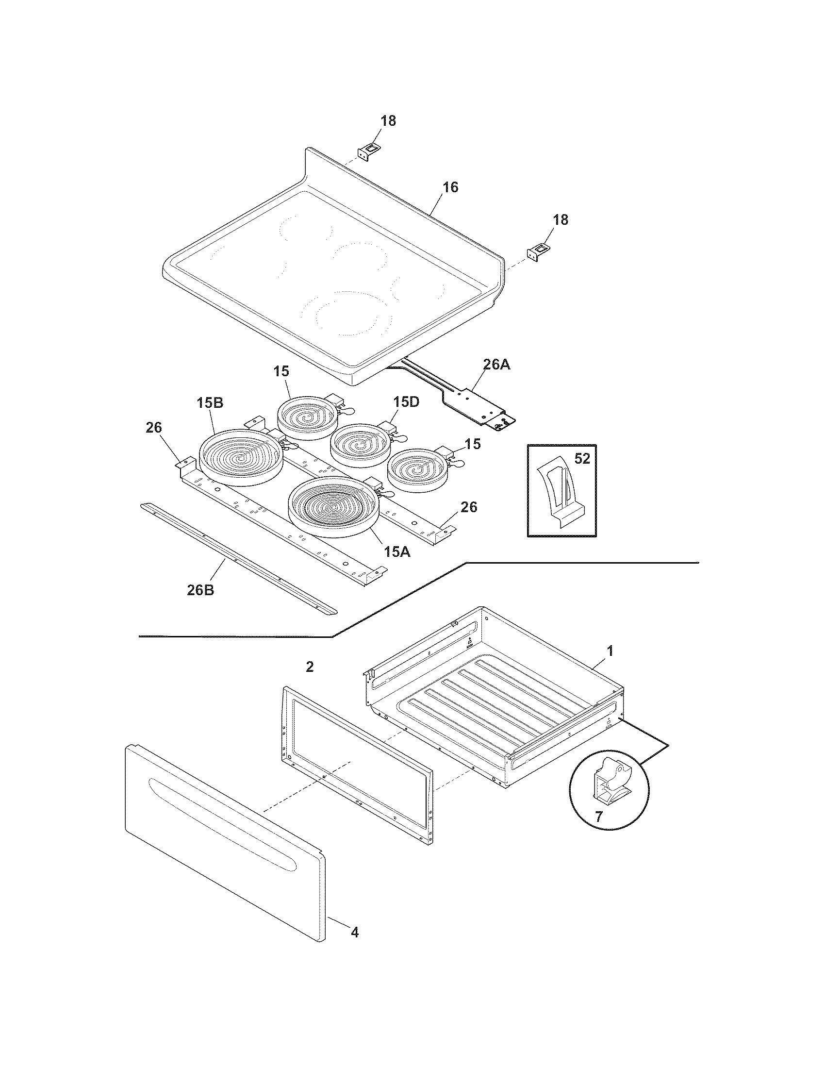 Crosley CRE3890LWF top/drawer diagram