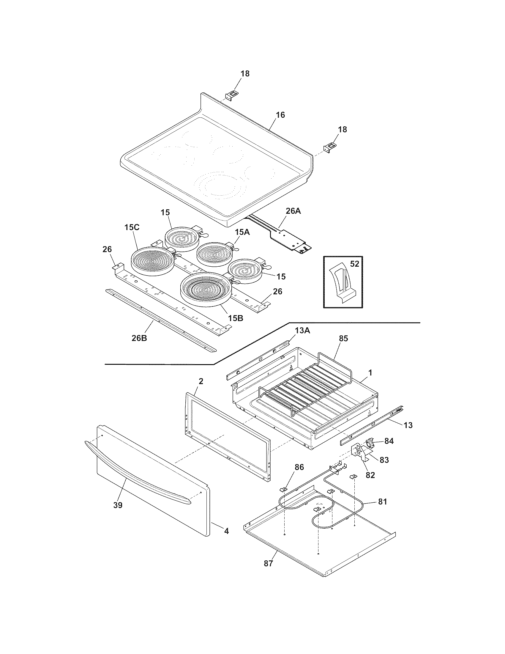 Frigidaire FGEF3057KFF top/drawer diagram