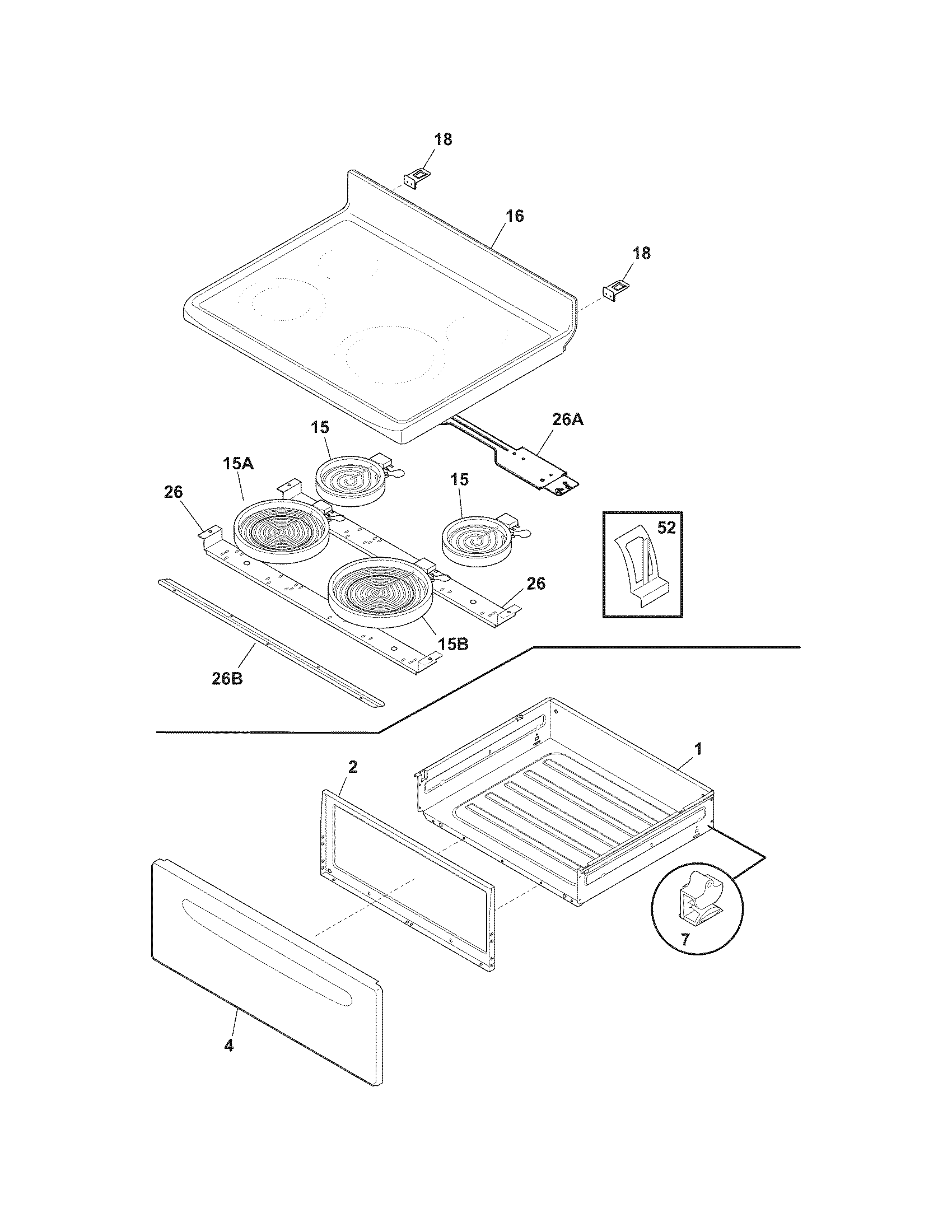 Frigidaire CFEF3019MBA top/drawer diagram