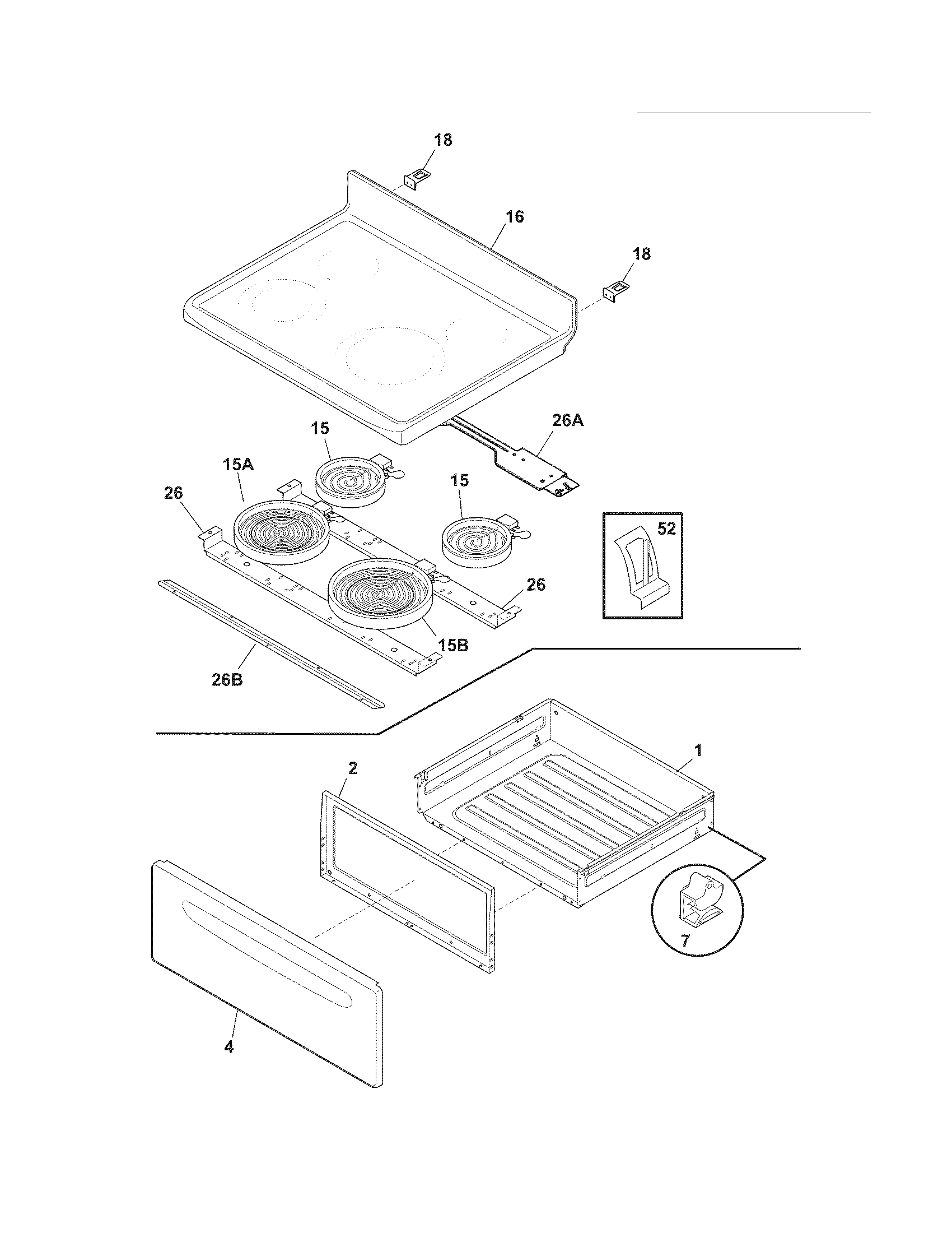 Frigidaire FFEF3018LMF top/drawer diagram