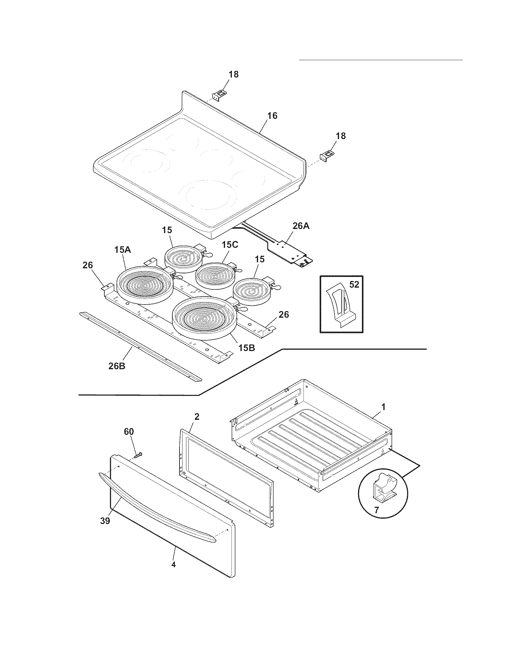 Frigidaire FGEF3055MBC top/drawer diagram
