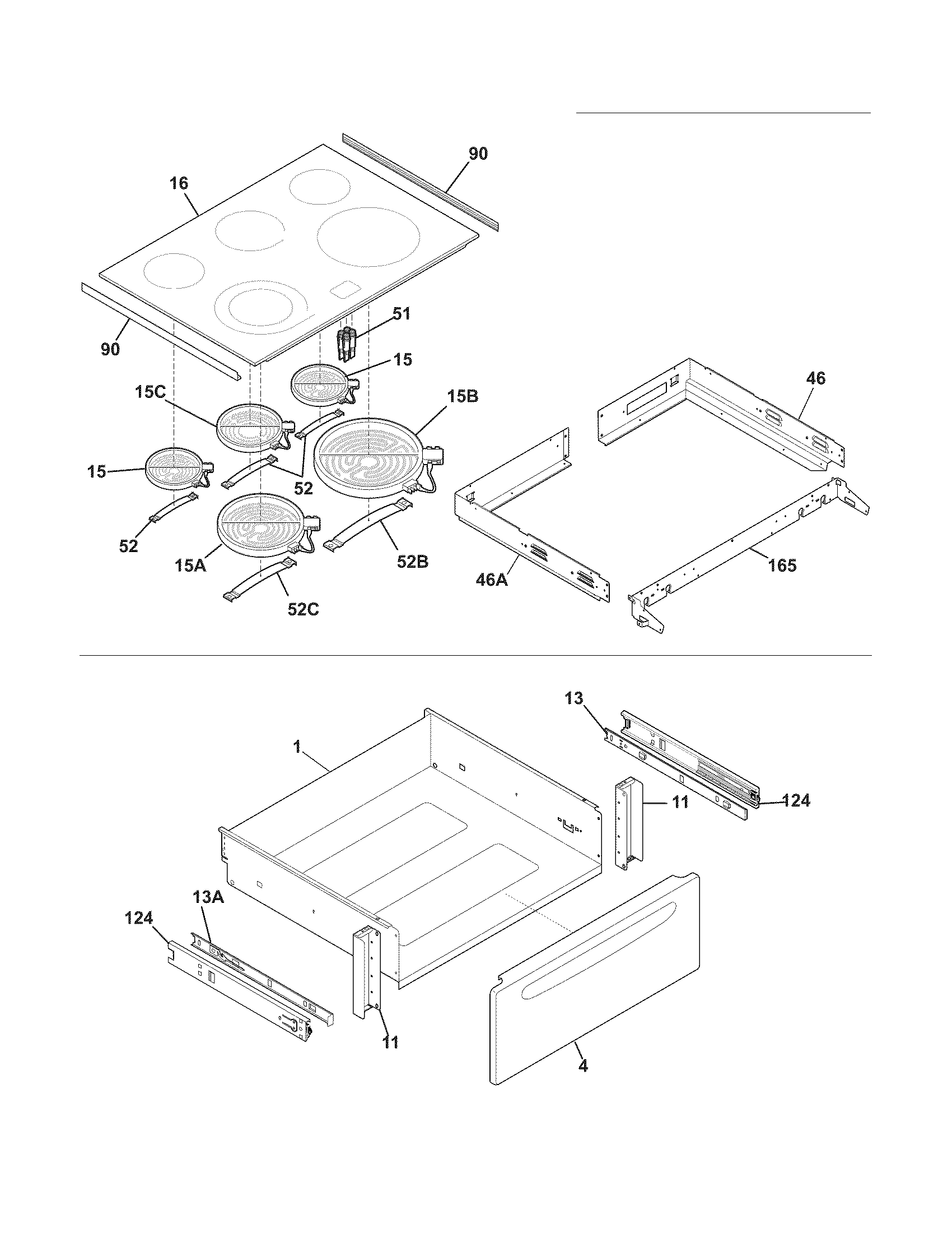 Frigidaire FGES3045KWD top/drawer diagram