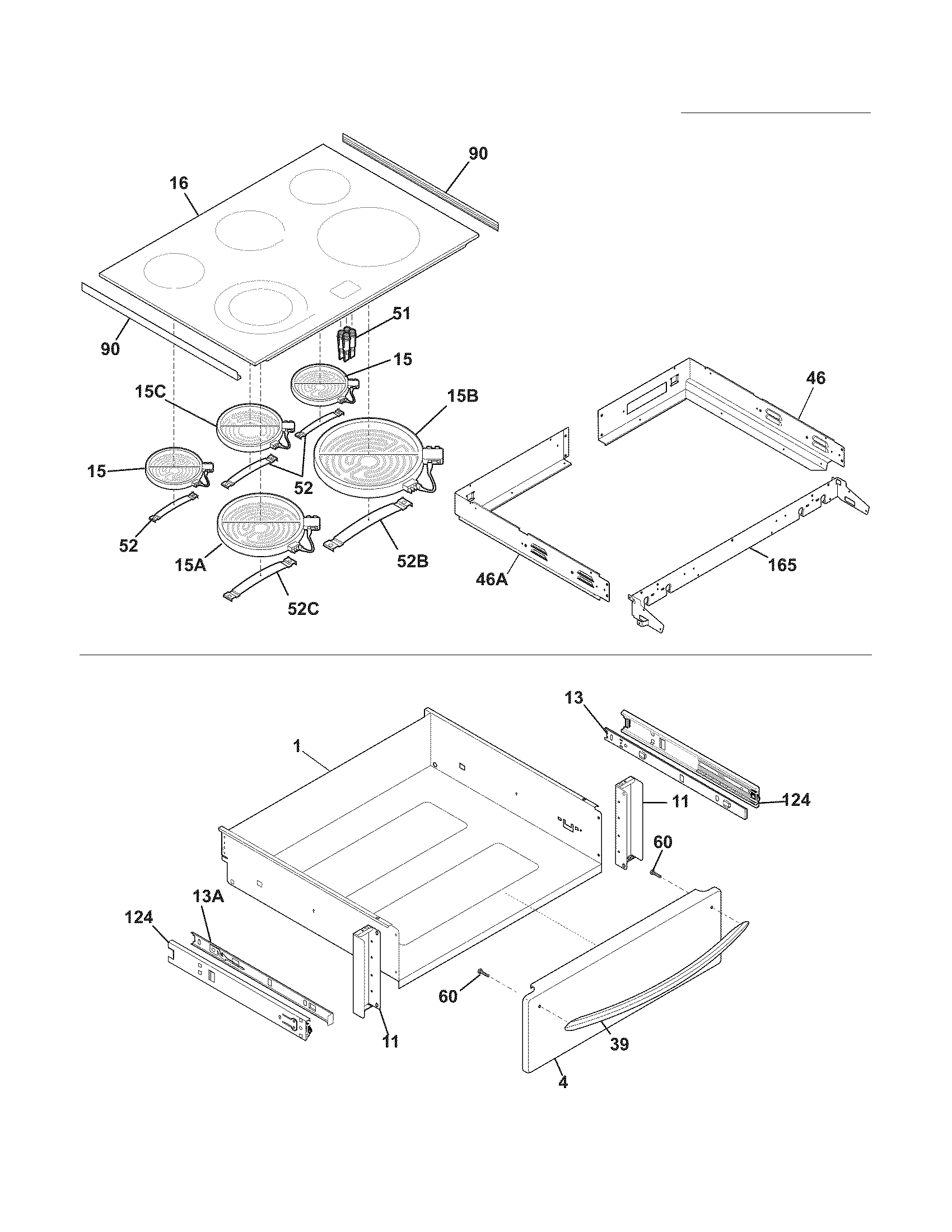 Frigidaire FGES3045KFD top/drawer diagram