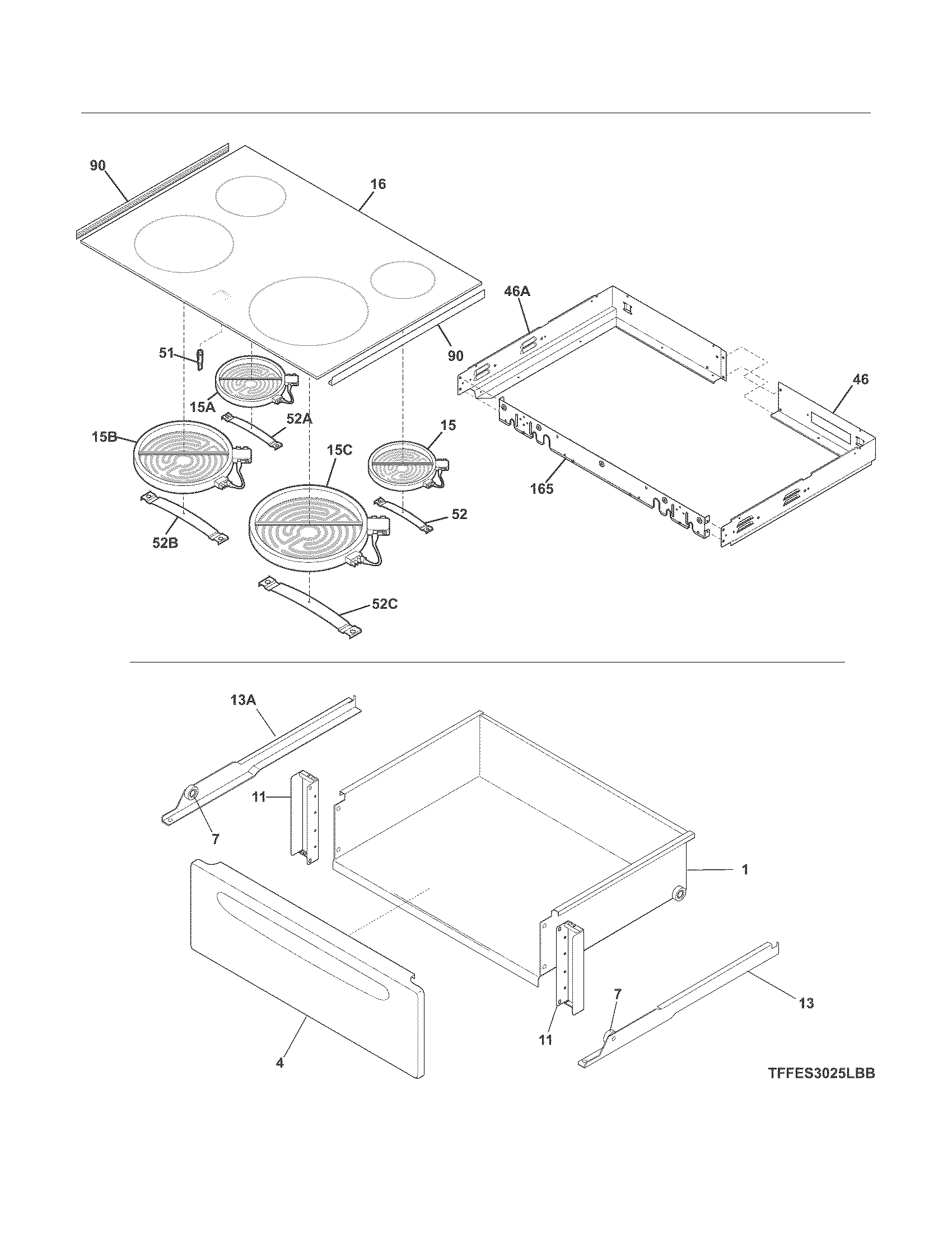 Frigidaire CFES3025LW4 top/drawer diagram