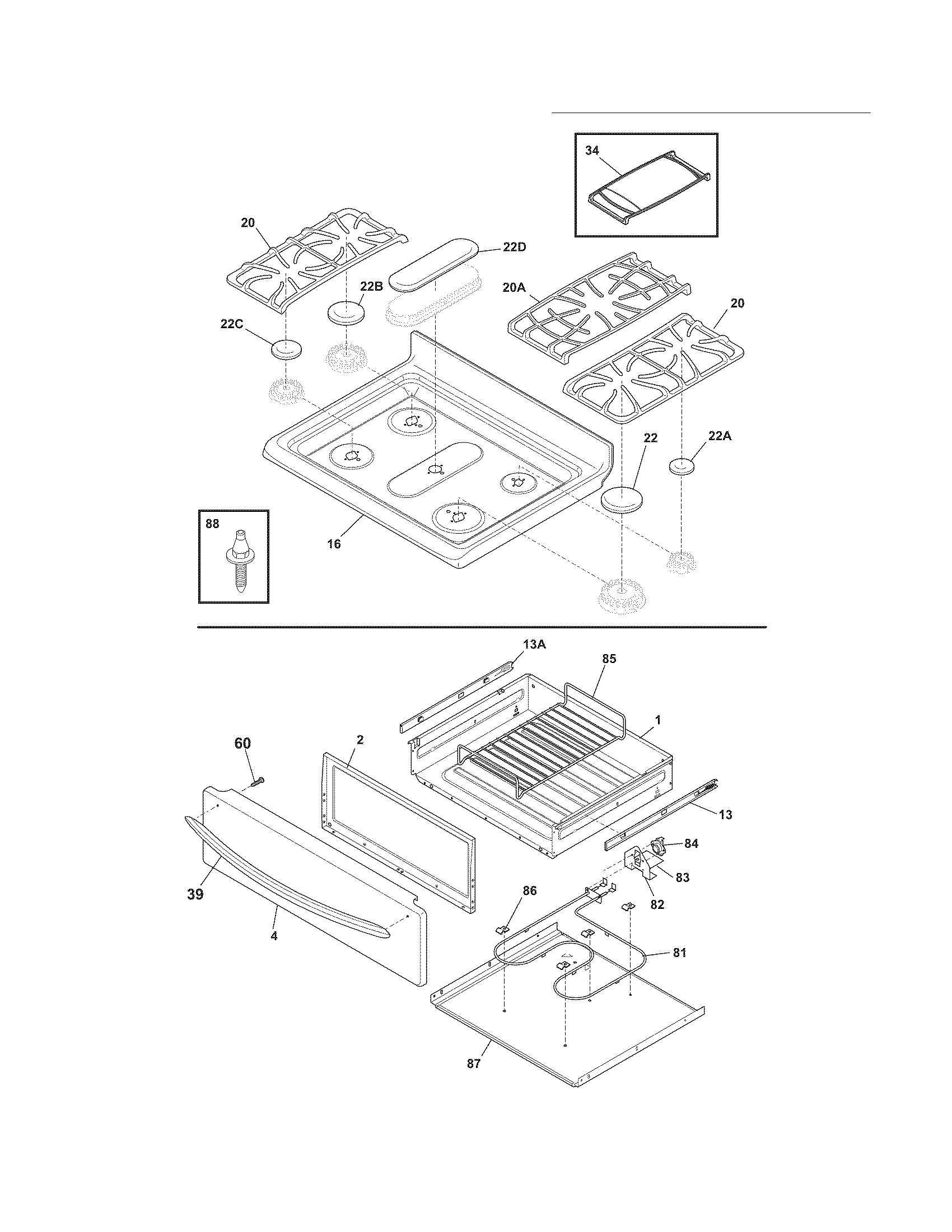 Frigidaire LPGF3091KSG top/drawer diagram