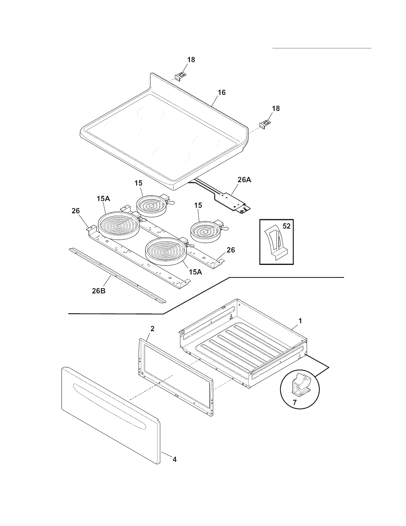 Frigidaire CFEF3014LWD top/drawer diagram
