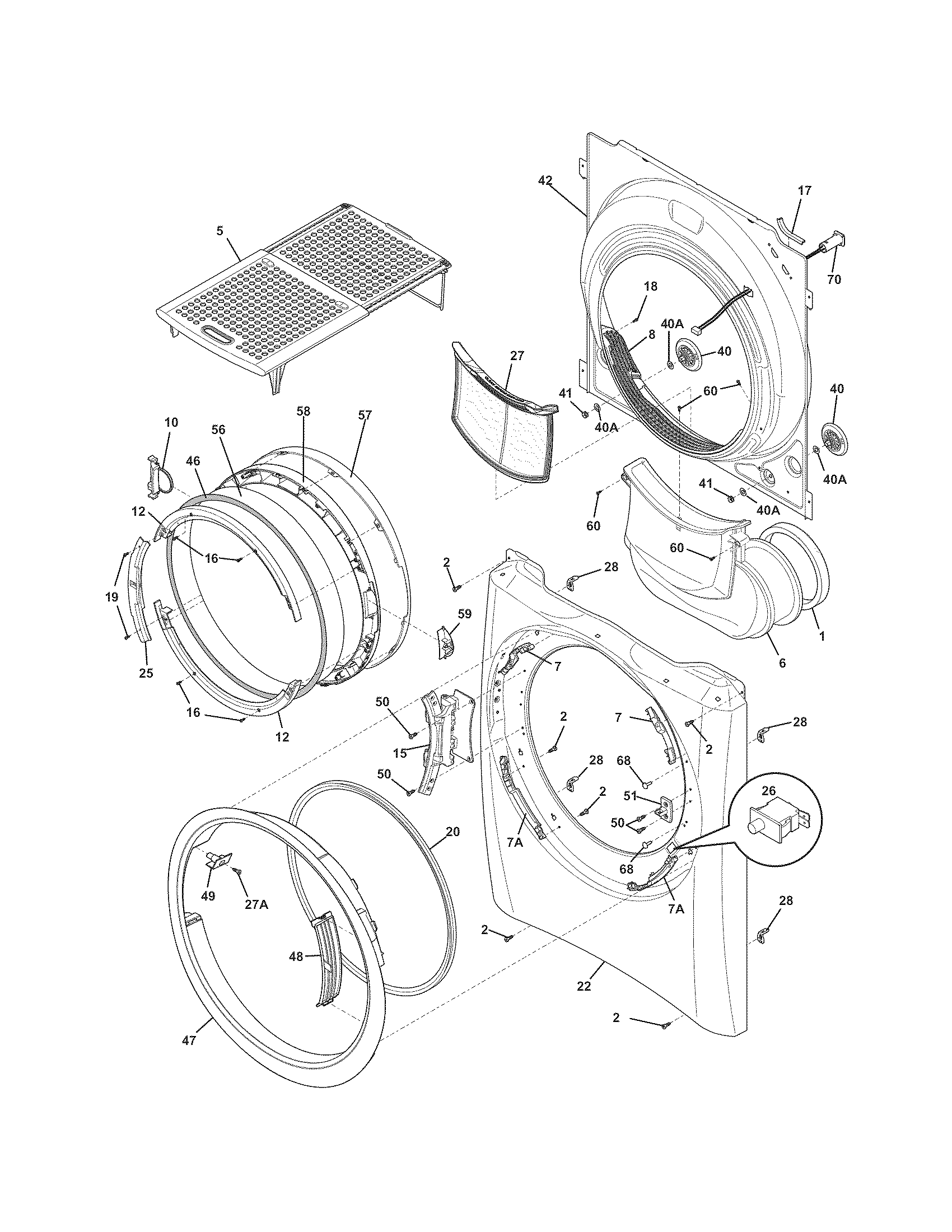 Electrolux EIMED6CLSS0 front panel/lint filter diagram