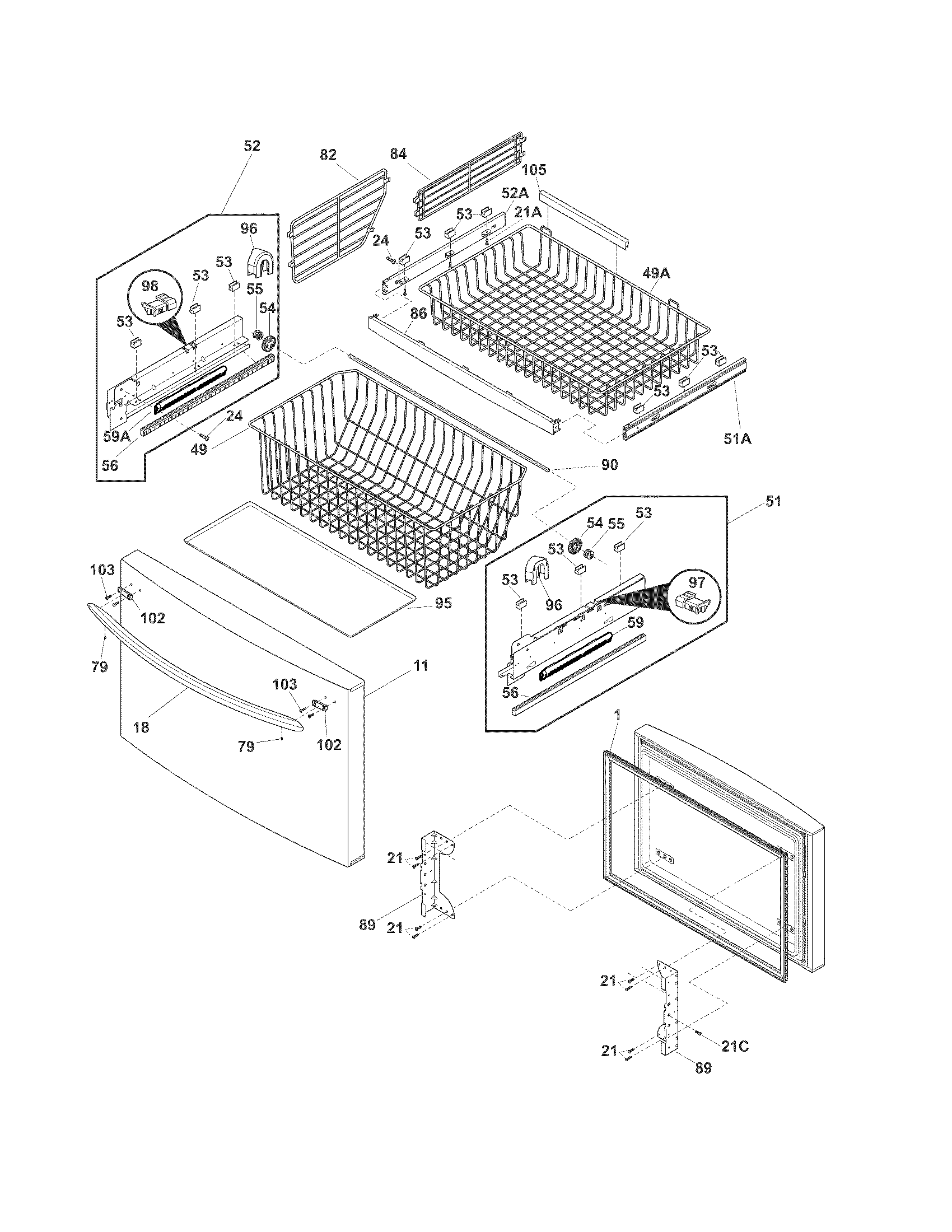 Crosley CFD28WIB9 freezer drawer, baskets diagram