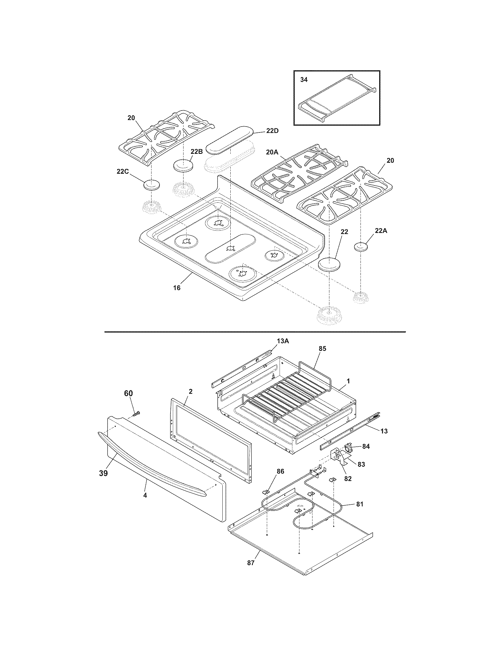 Frigidaire FGGF3056KFP top/drawer diagram