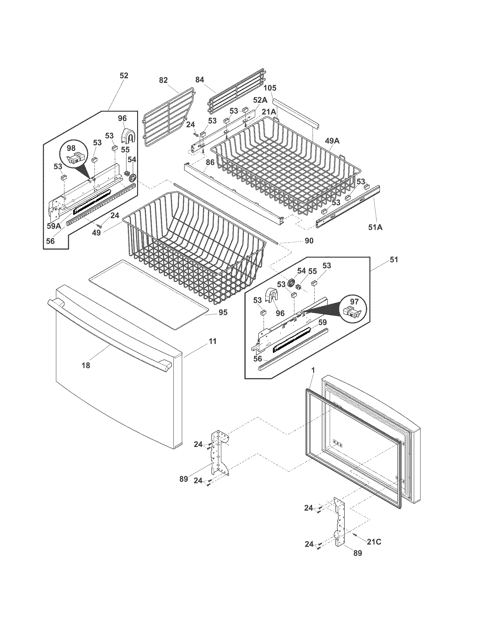 Frigidaire FPHN2899LF7 freezer drawer, baskets diagram
