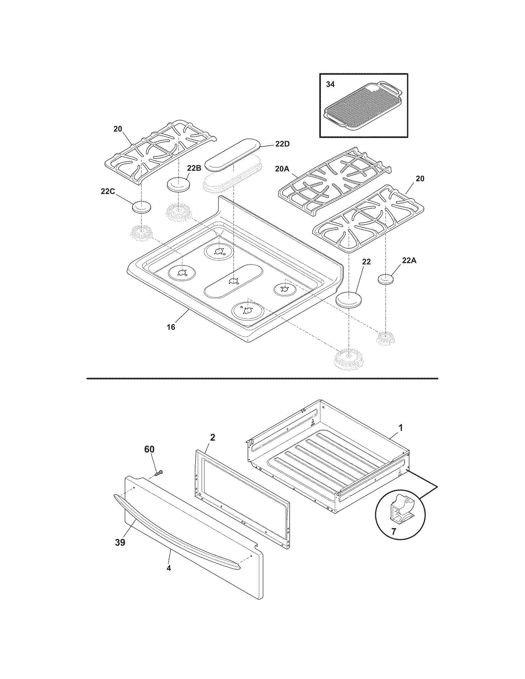 Frigidaire FGGF3054MWC top/drawer diagram