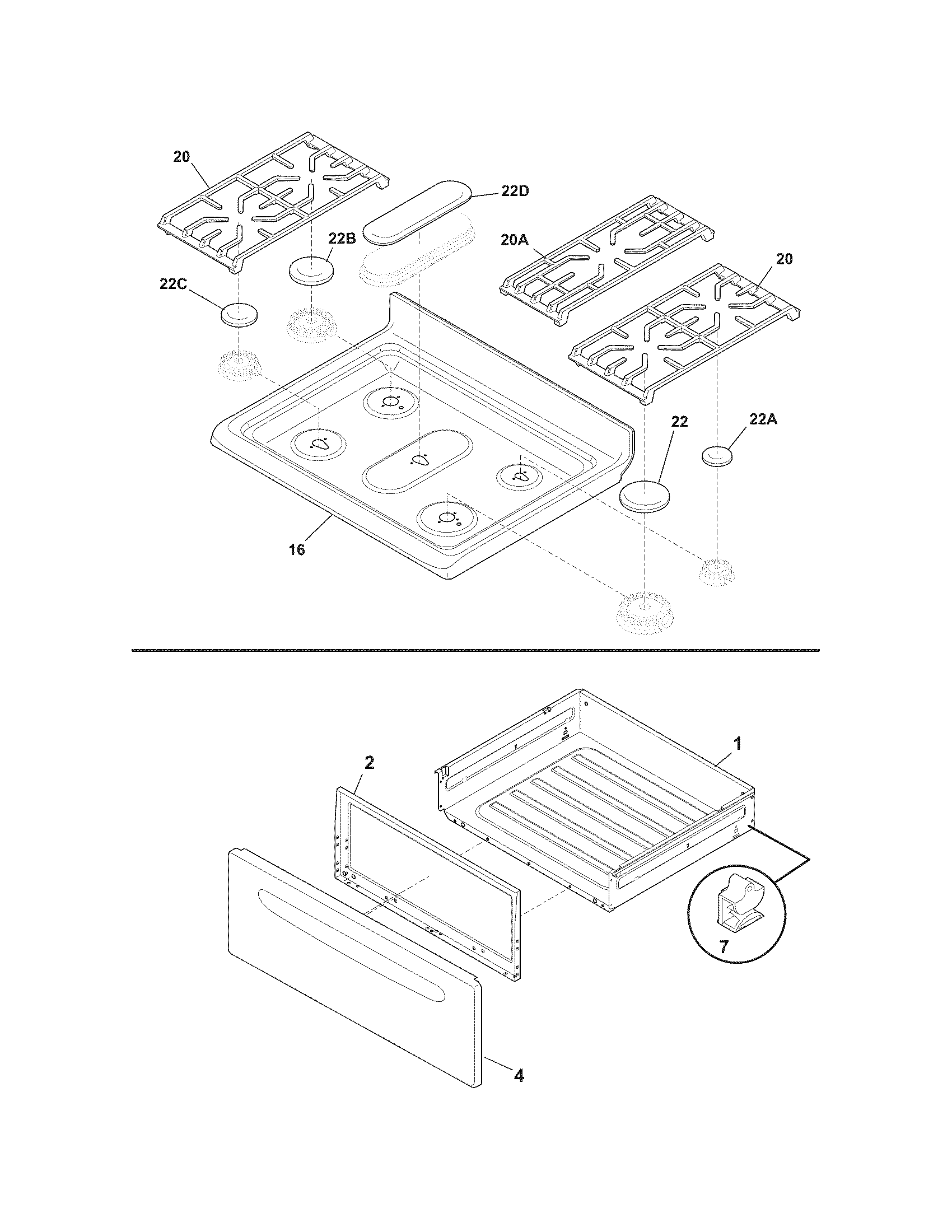 Crosley CRG3490LWE top/drawer diagram