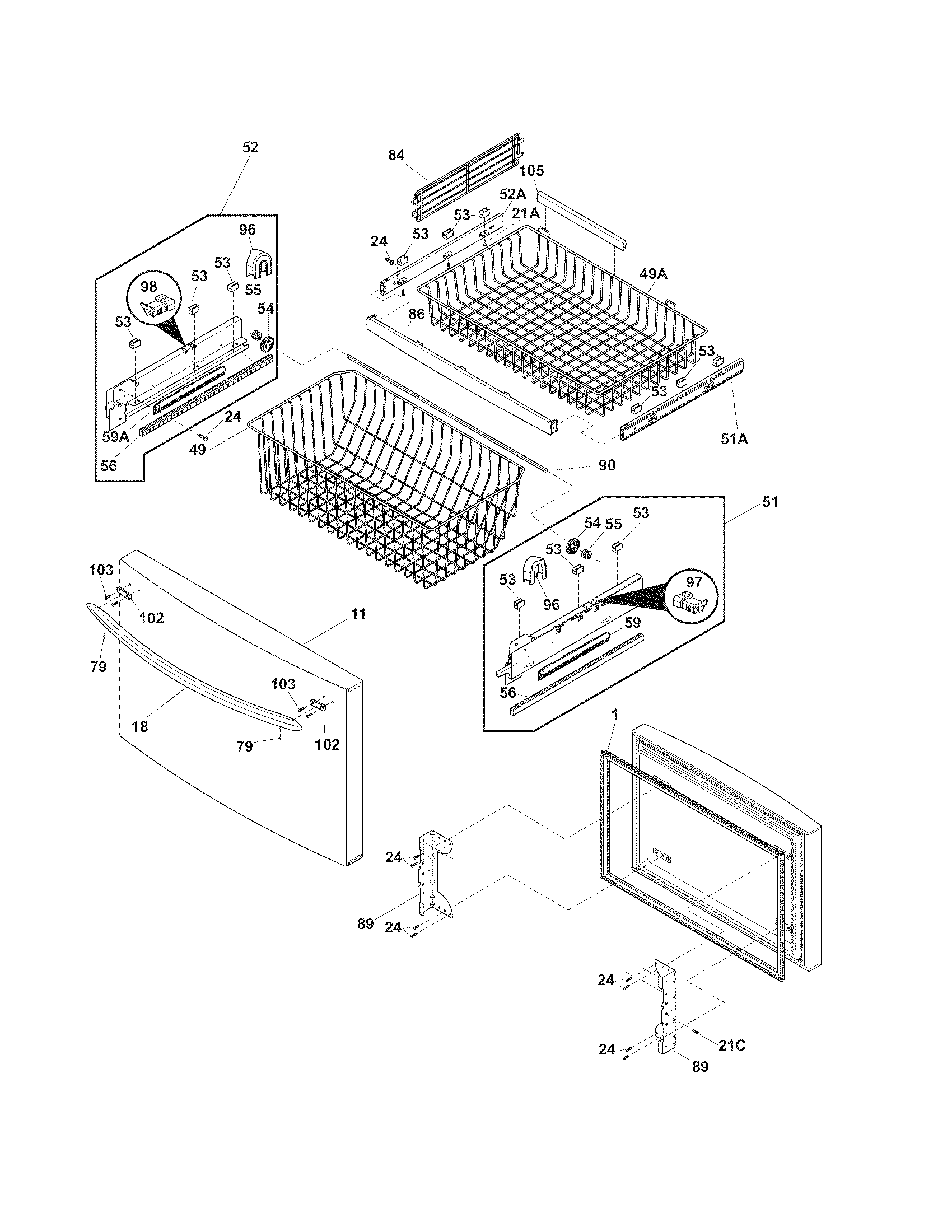 Frigidaire LGUB2642LP9 freezer drawer, baskets diagram