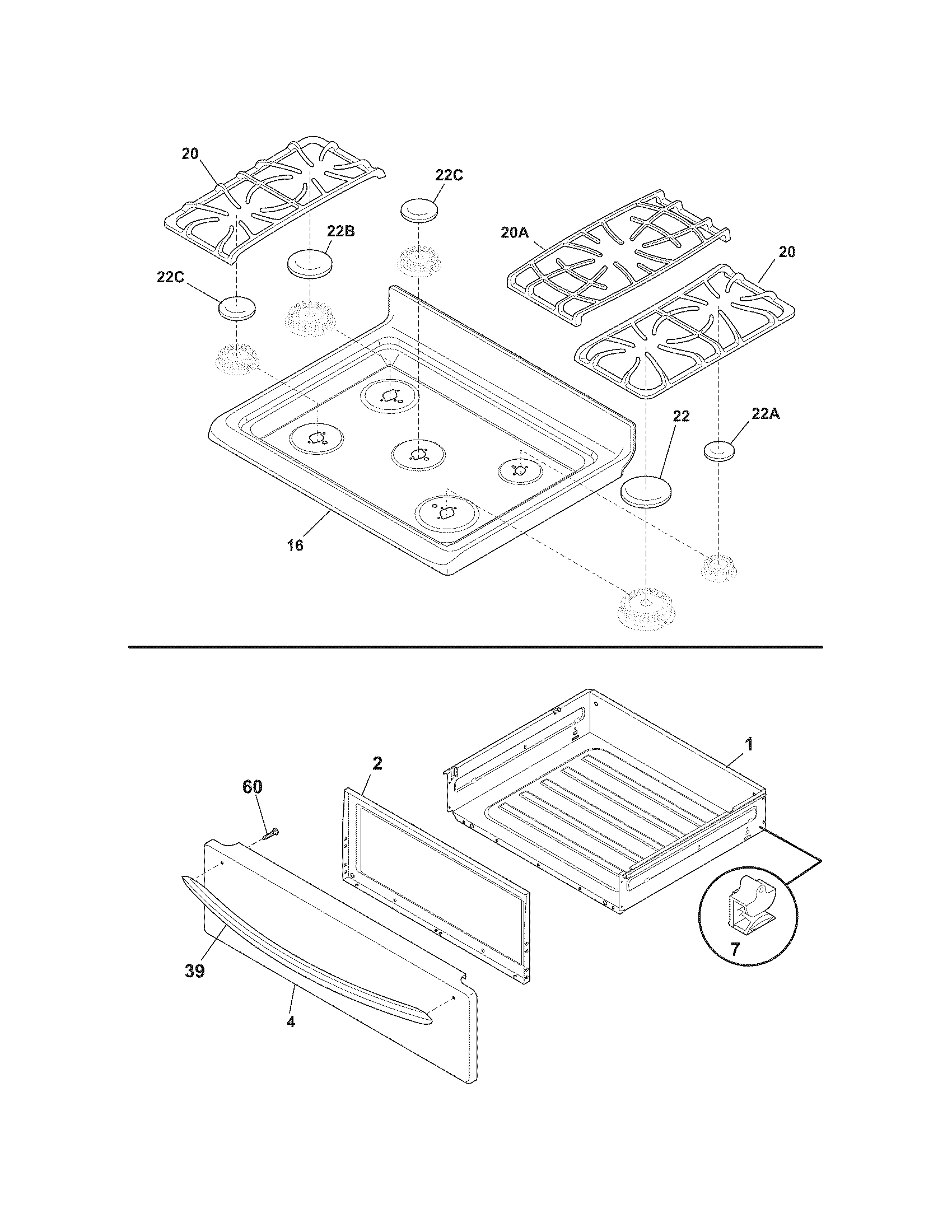 Frigidaire FGGF3032MFD top/drawer diagram