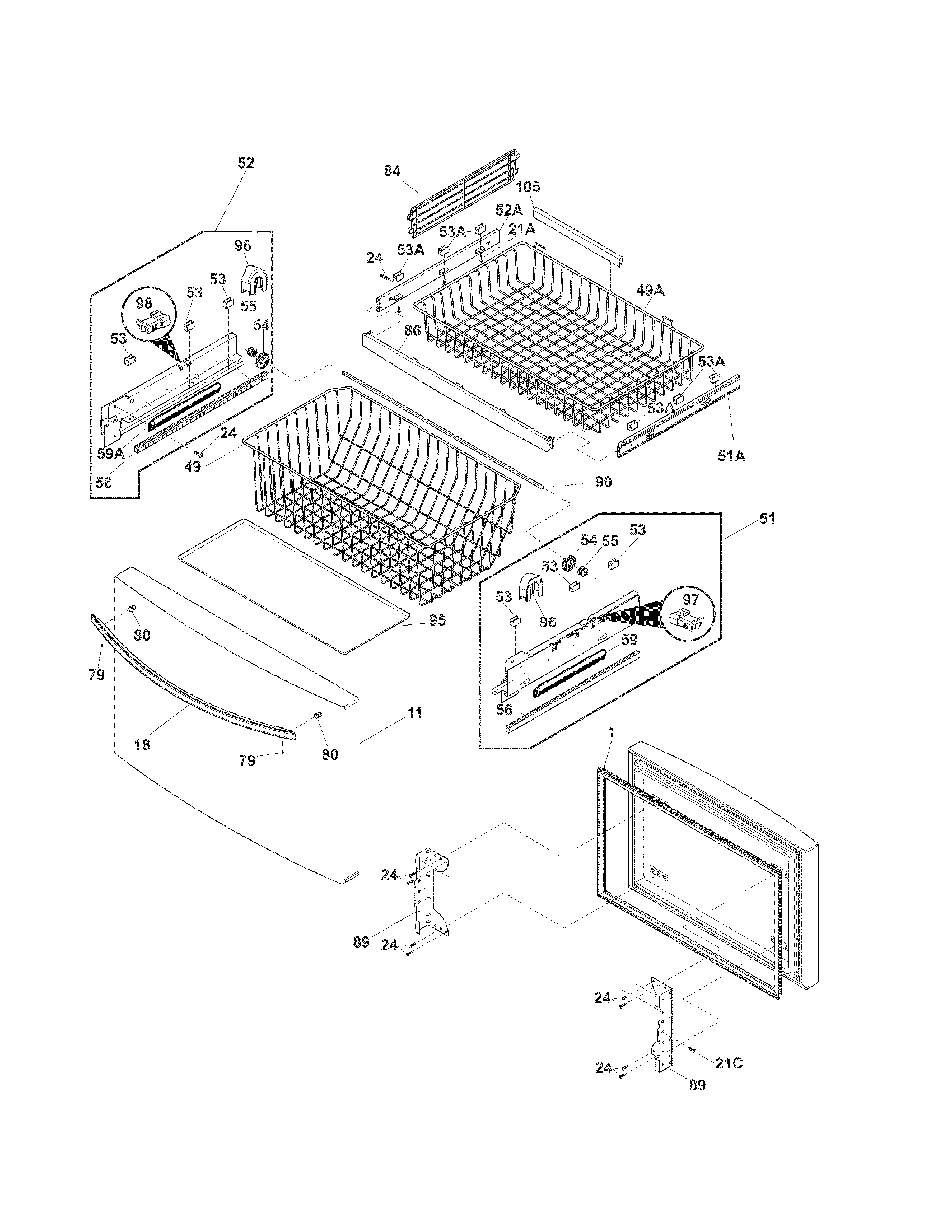 Kenmore 25370313211 freezer drawer, baskets diagram