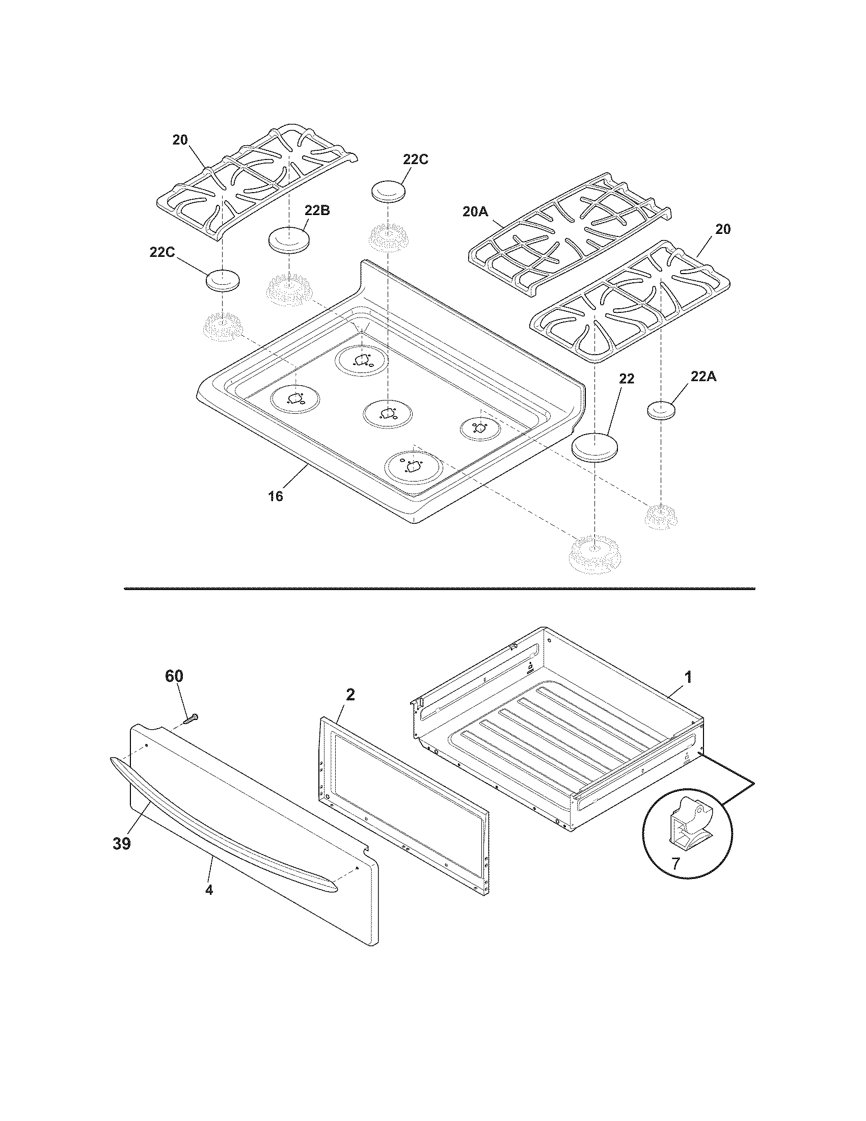 Frigidaire LGGF3044LBC top/drawer diagram